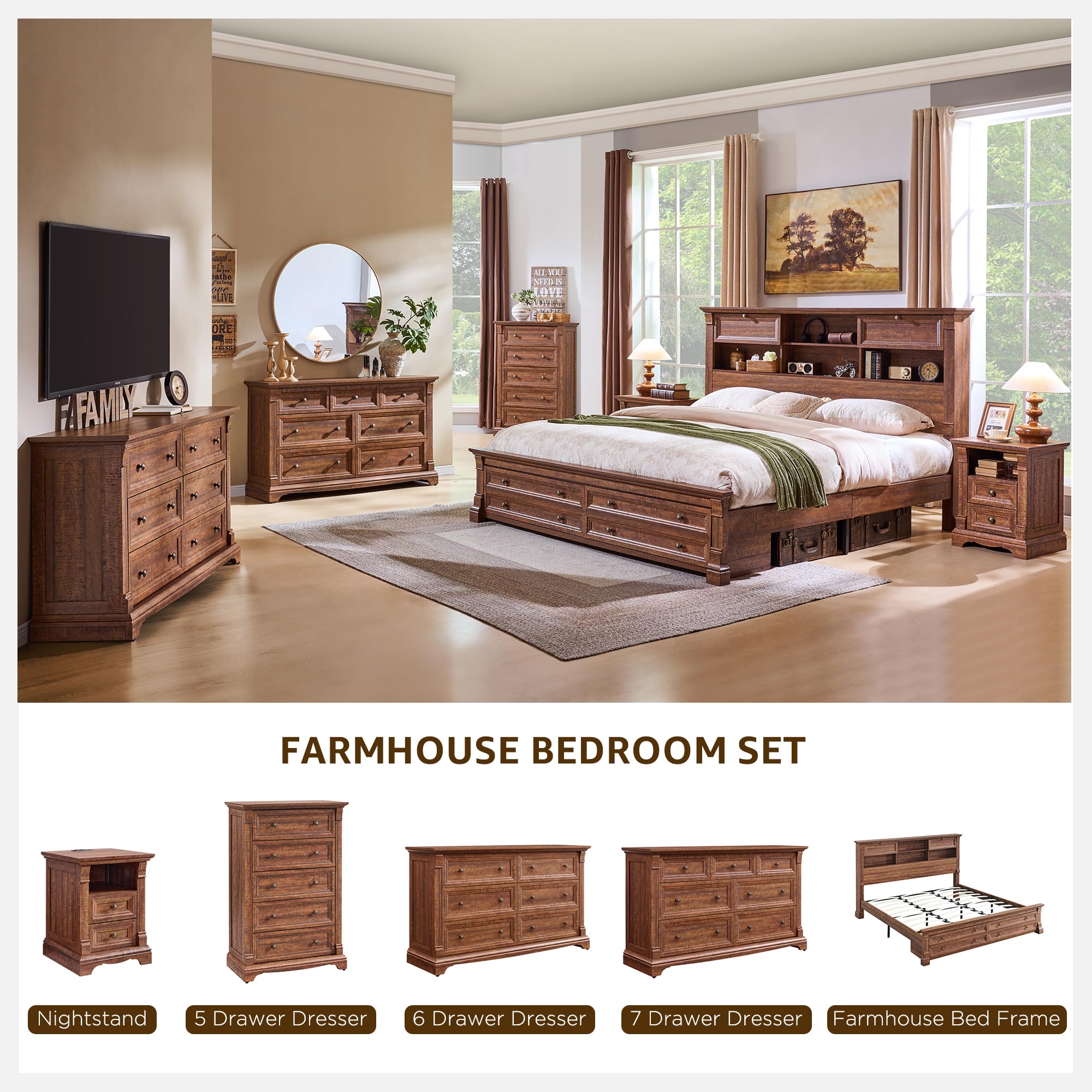 Queen Size Bed Frame with Tall Headboard & Storage