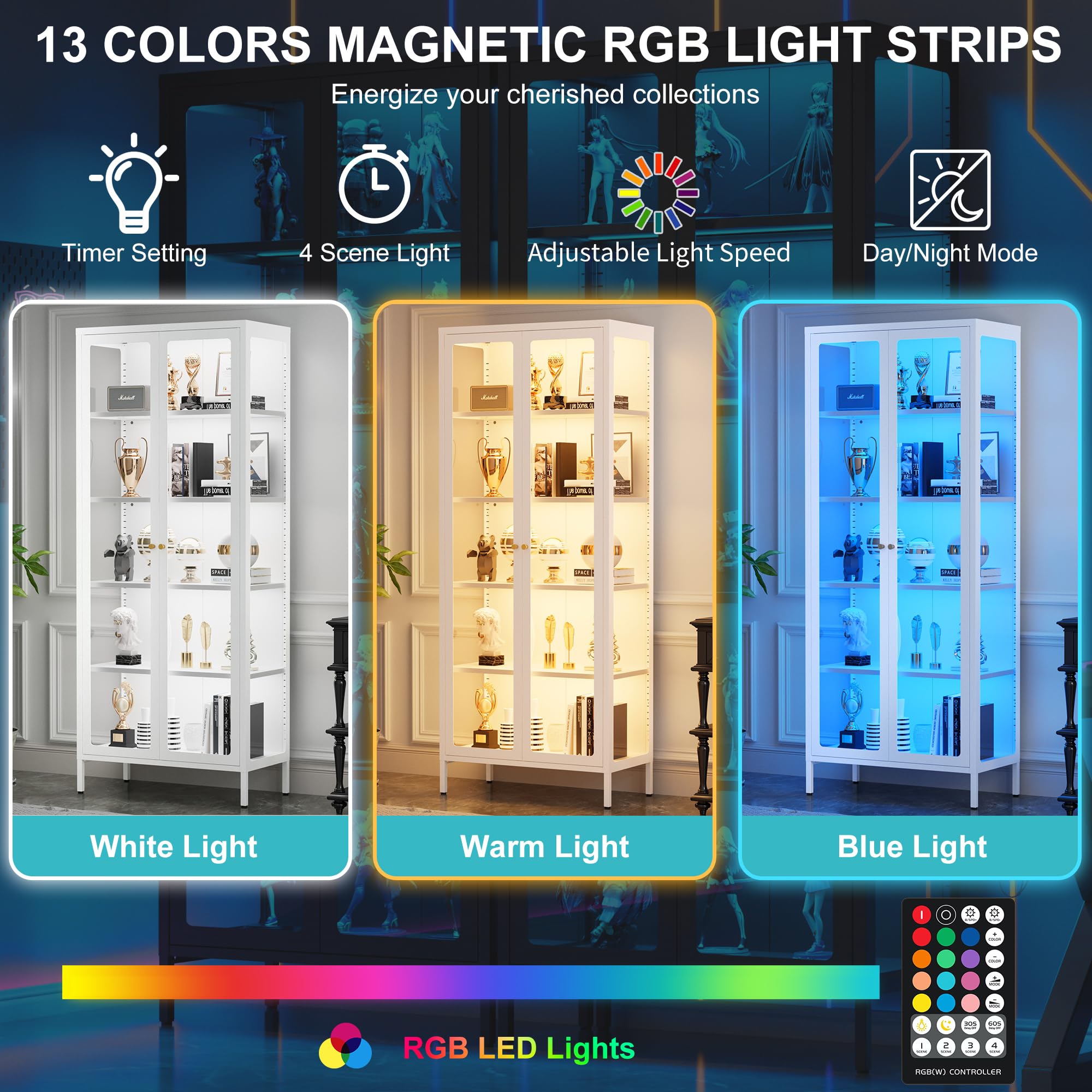 5-Tier Glass Display Cabinet with LED Lights