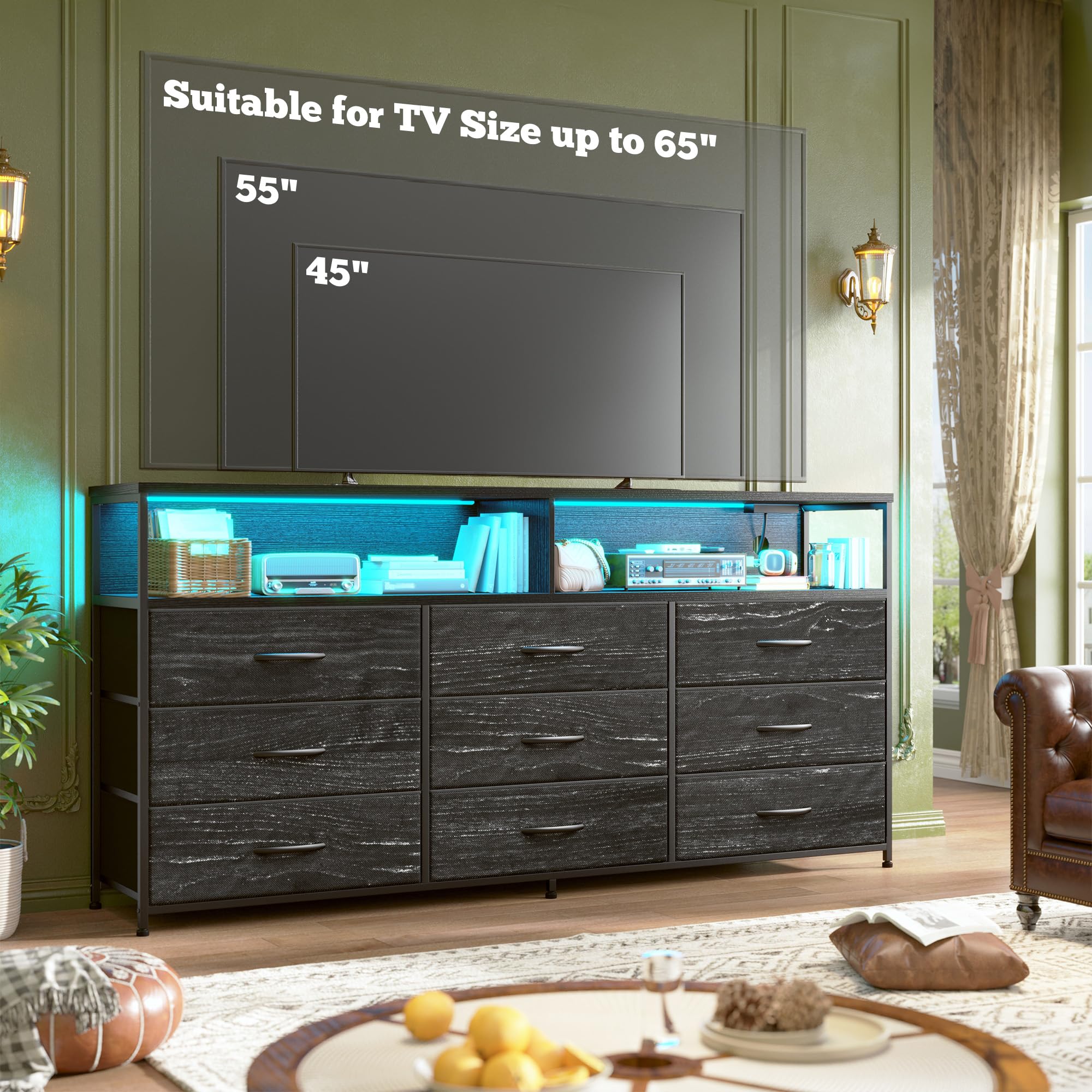 Romorgniz 55" W Dresser for Bedroom with 9 Drawers LED TV Stand with Power Outlets for 45, 55, 65 Inch TV Sturdy Long Chest of Drawers with Extra 2 Wooden Shelves Steel Frame Grain Black