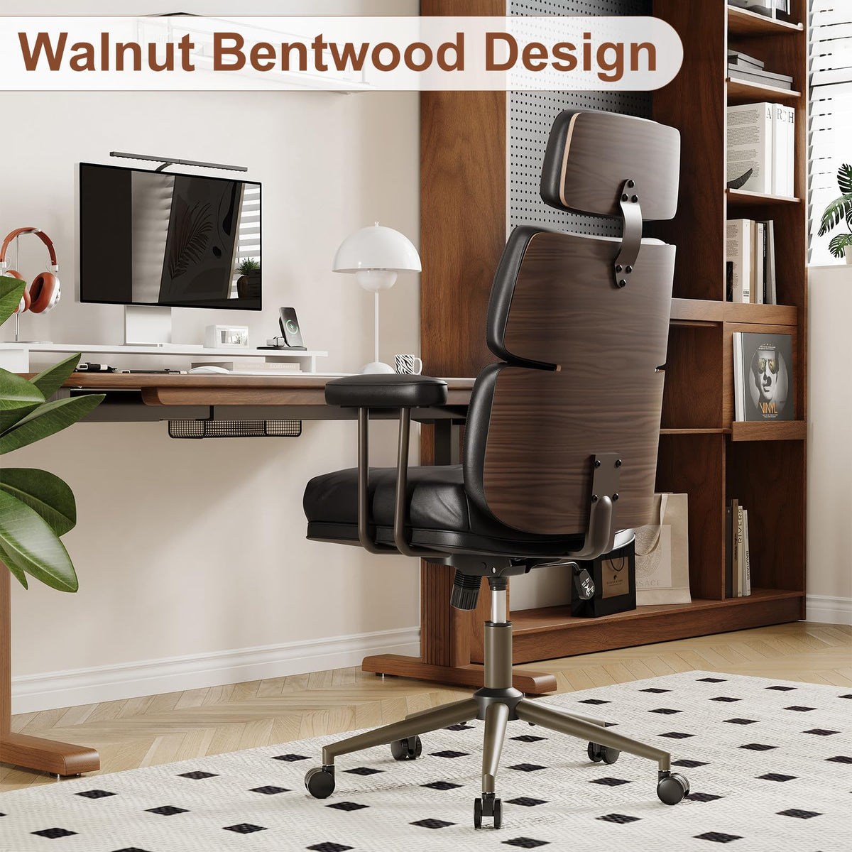 BERYTH Mid-Century Modern Ergonomic Office Chair, High Back Headrest, Black