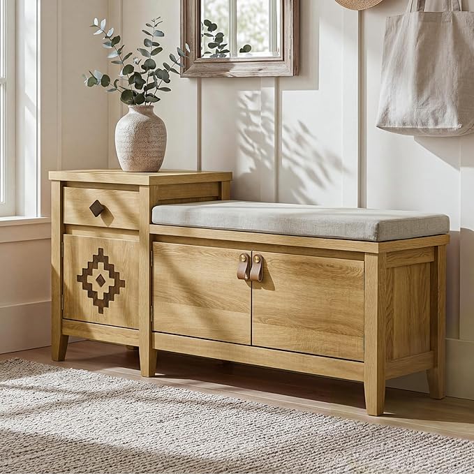 Entryway Storage Bench with Cushion, Drawer & 2 Cubbies