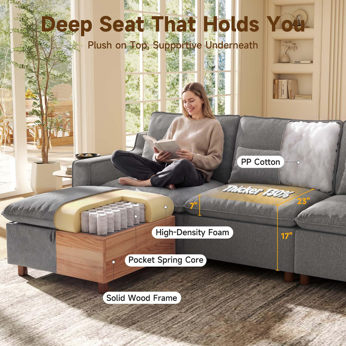 Ihanherry 134" Oversized Modular Sectional Sofa with Storage Ottomans, Chenille Cloud Couch with Deep Seat and Seamless Backrest, Couches for Living Room, Grey