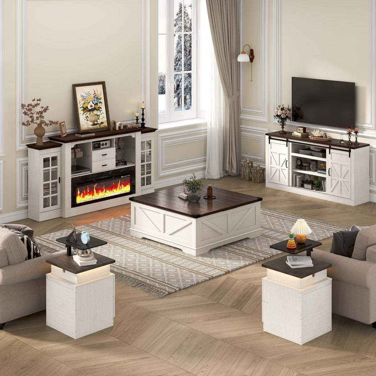 Hlivelood 66" Farmhouse TV Stand for 75 Inch TV, 33" Tall Entertainment Center with Power Outlets & Sliding Barn Door, Wood TV Stand with Storage, TV Media Console for Living Room, Antique White