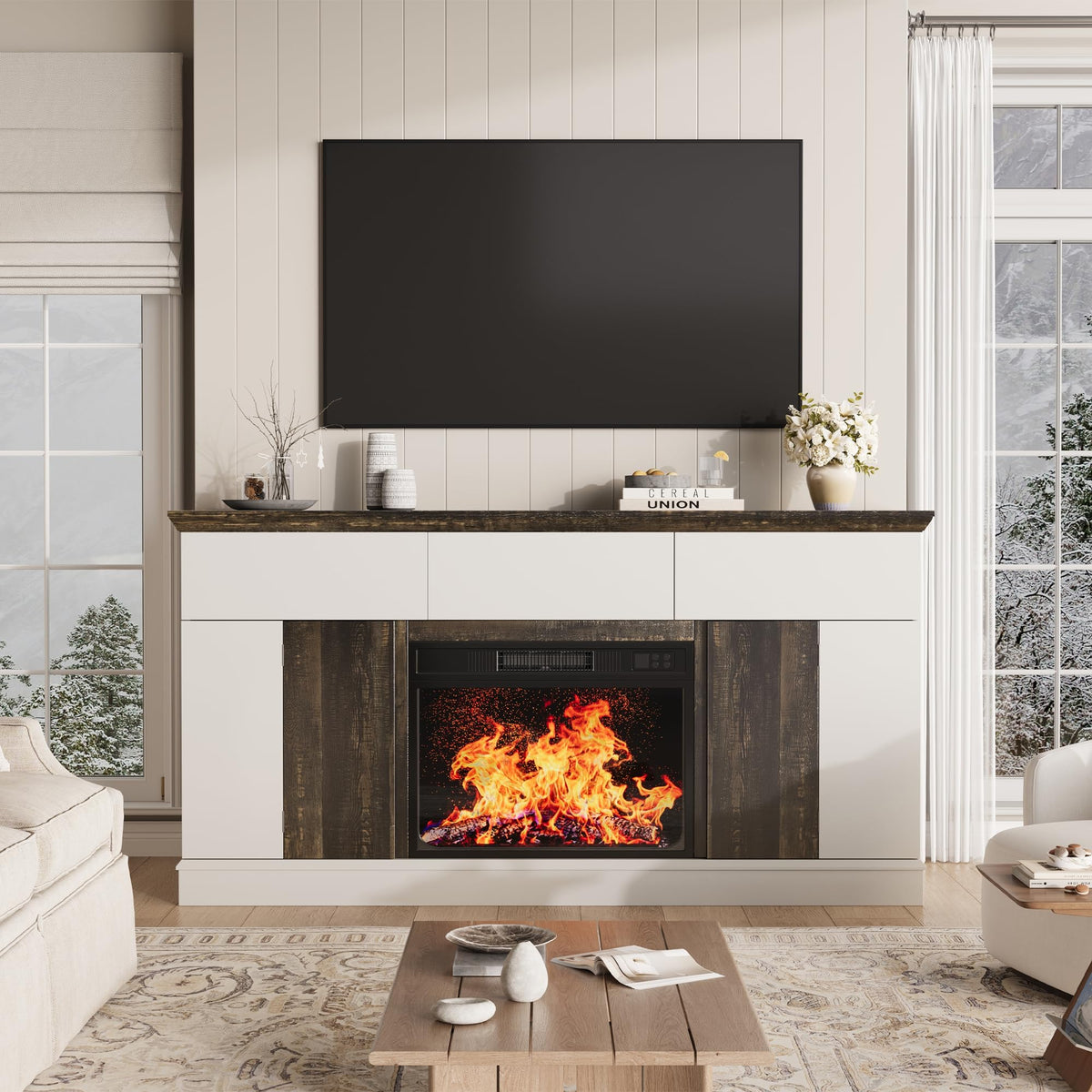 Jocoevol 58" Fireplace TV Stand with 23" Electric Fireplace, Entertainment Center for TVs up to 65", TV Console with 3 Storage Drawers, 2 Side Cabinets & Press-to-Open Doors for Living Room, Bedroom