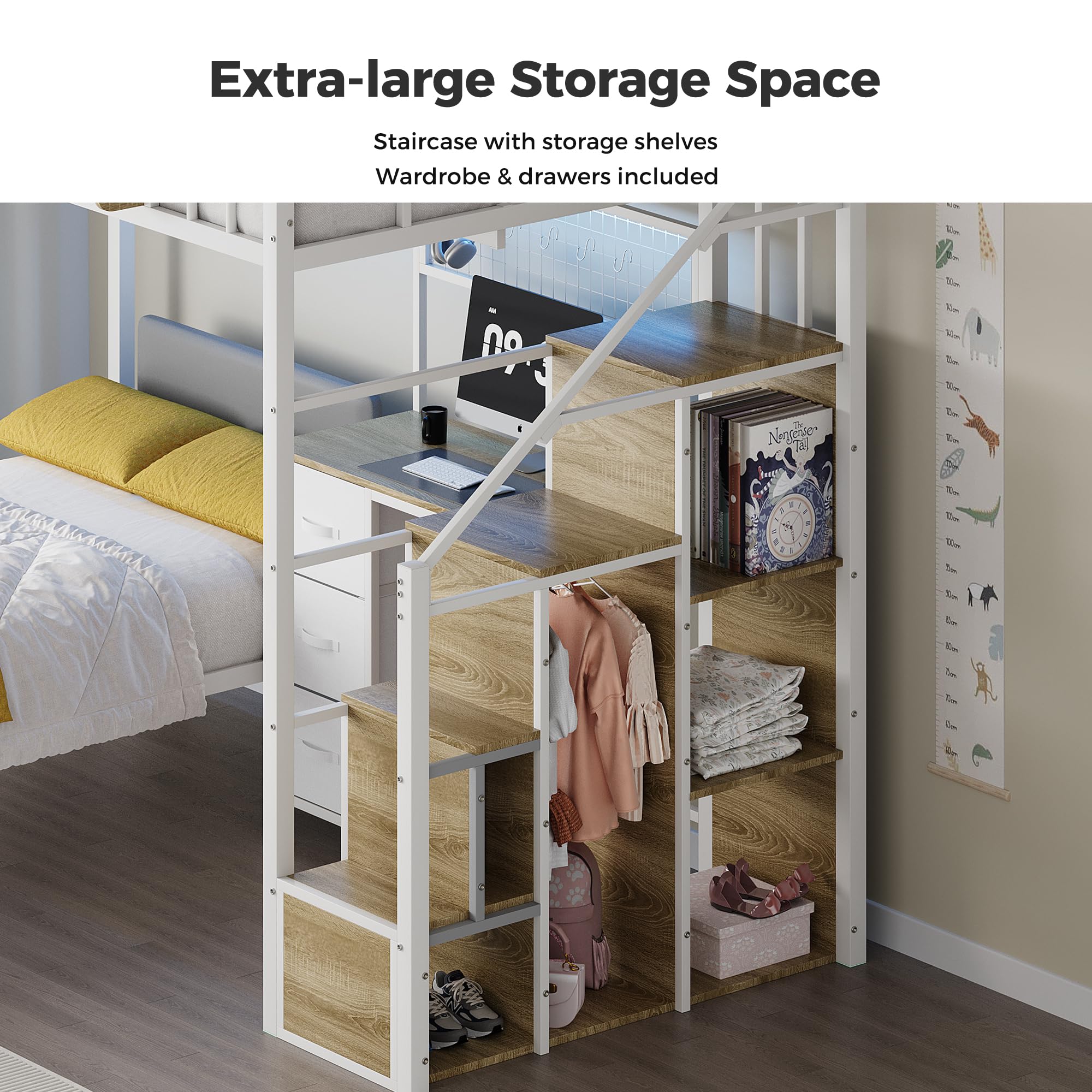 L-Shaped Loft Bunk Bed with Desk & Storage