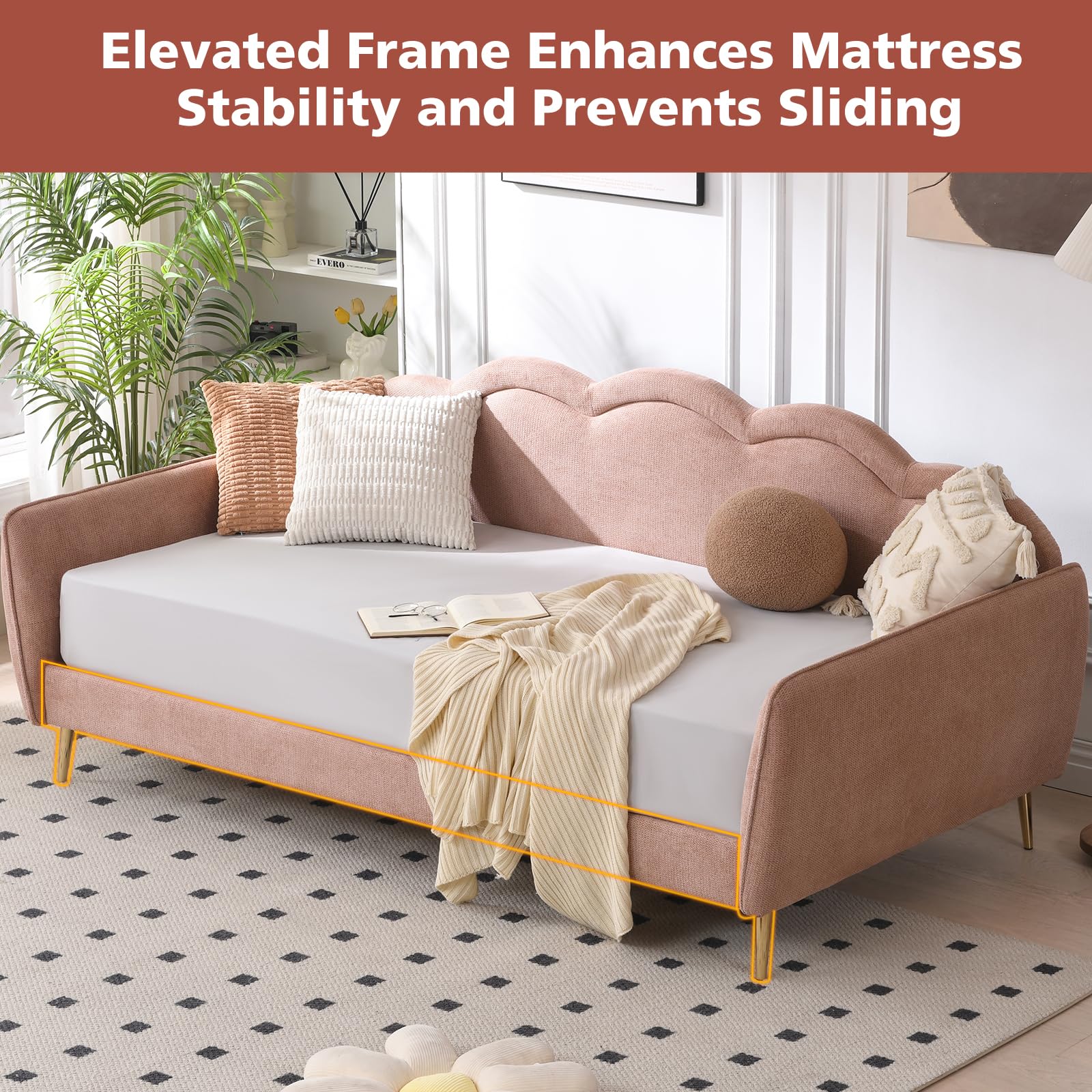 Linen Upholstered Twin Daybed with Cloud-Shaped Backrest & Gold Metal Legs