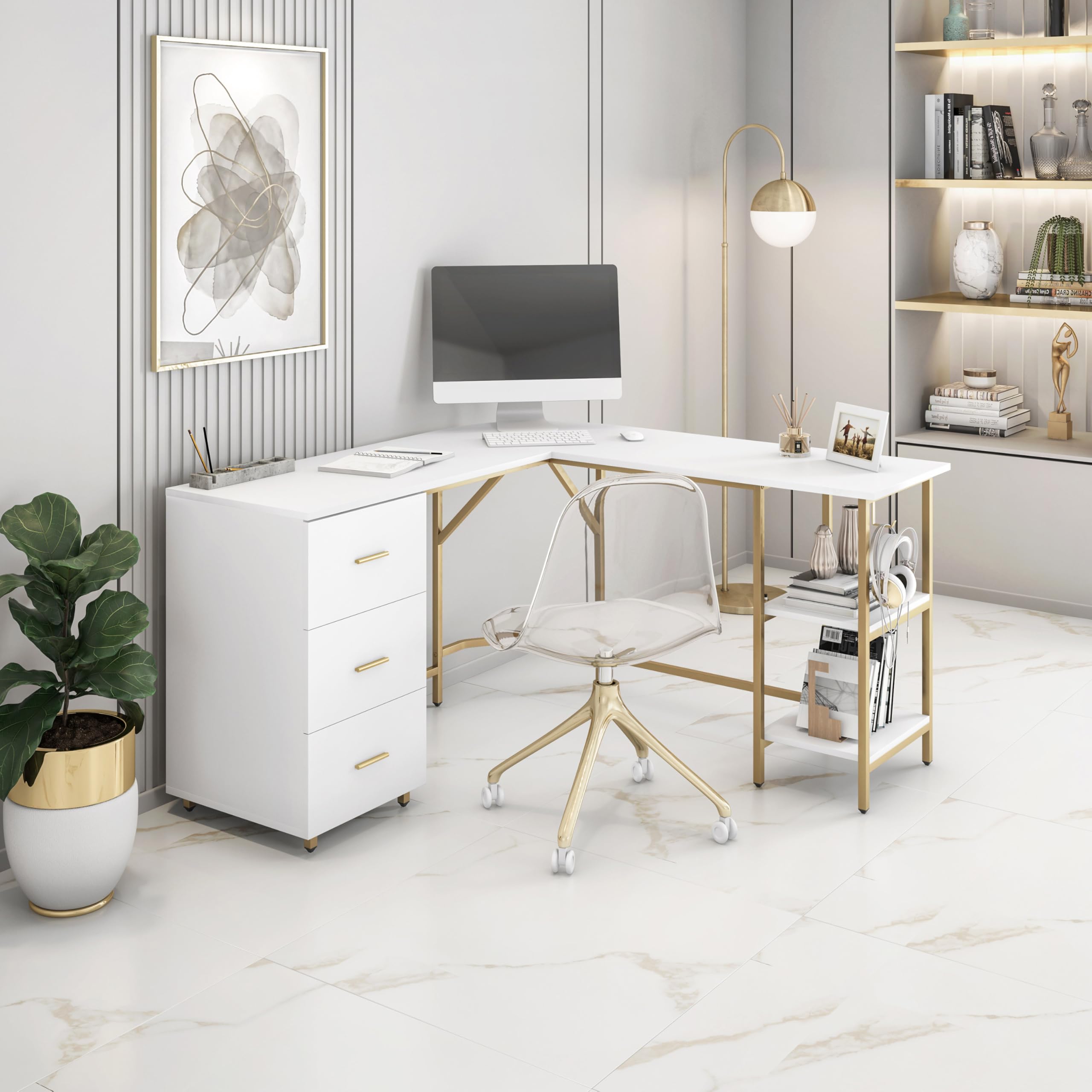 L-Shaped Computer Desk with Drawers & Storage Shelves