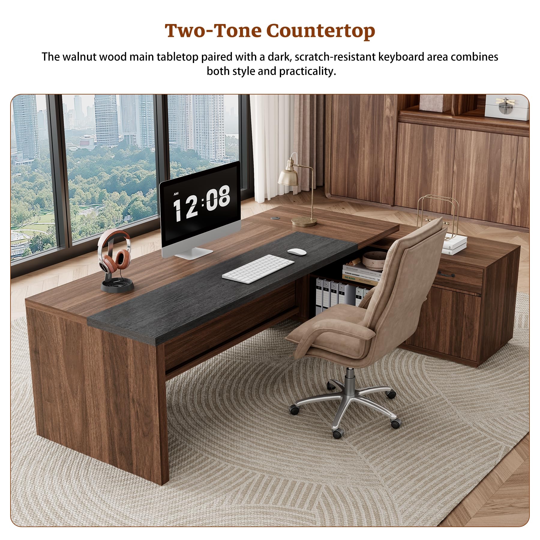 L-Shaped Executive Desk with Drawer & File Cabinet
