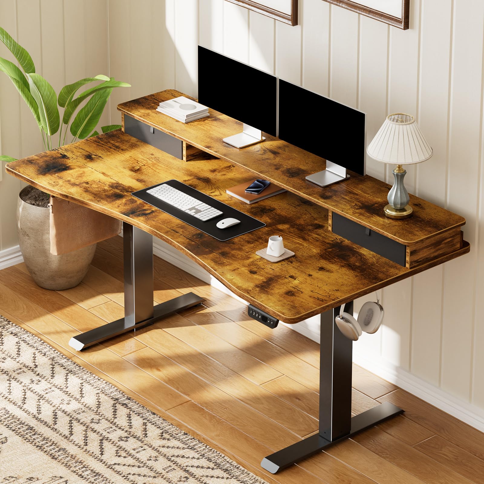 Electric Standing Desk with Storage Drawers & Monitor Shelf