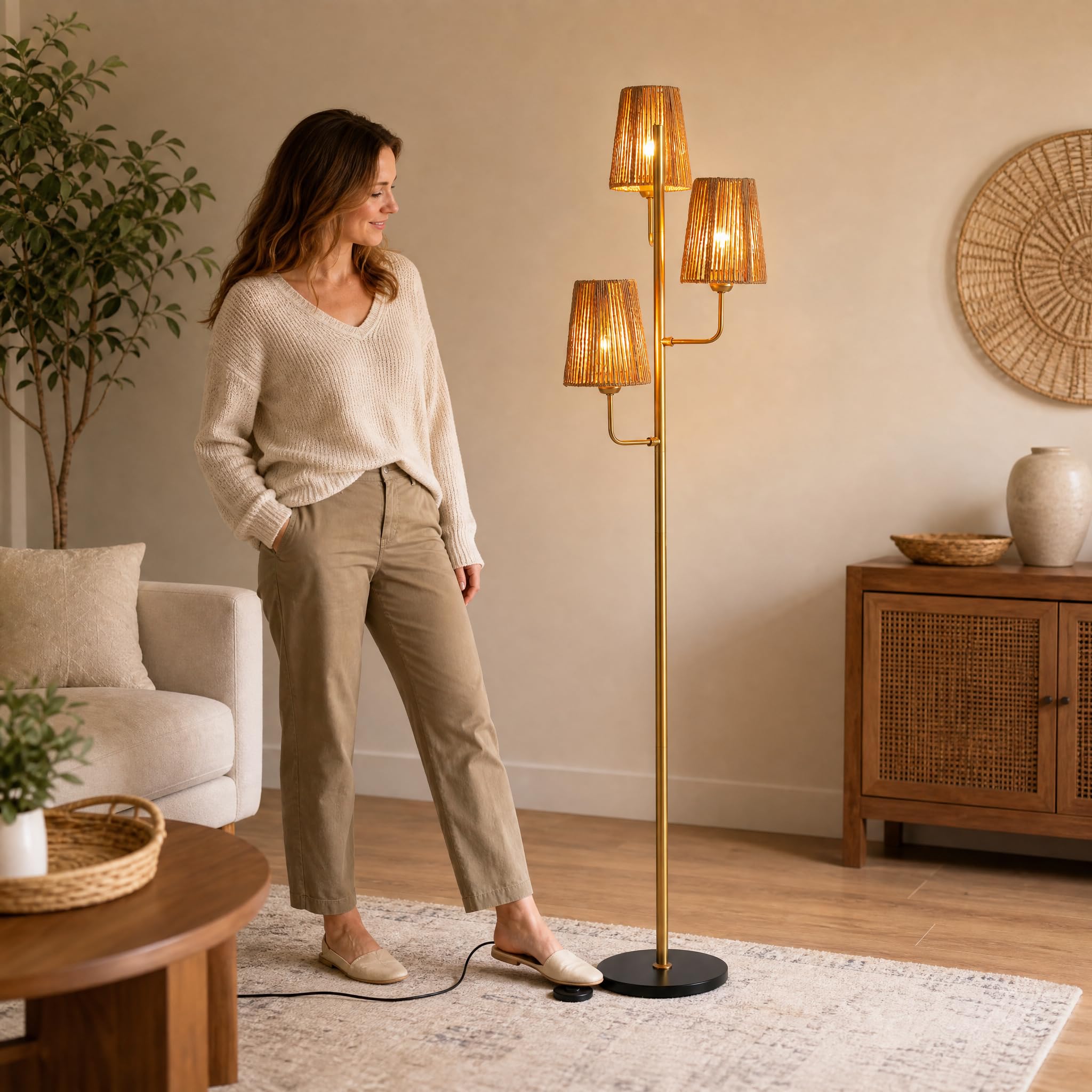 XZHGCEE Rattan Floor Lamp for Living Room:3 Light Boho Floor Lamp for Bedroom, Gold Standing Lamp with Foot Switch, Coastal Rustic Tall Lamp, No Bulb