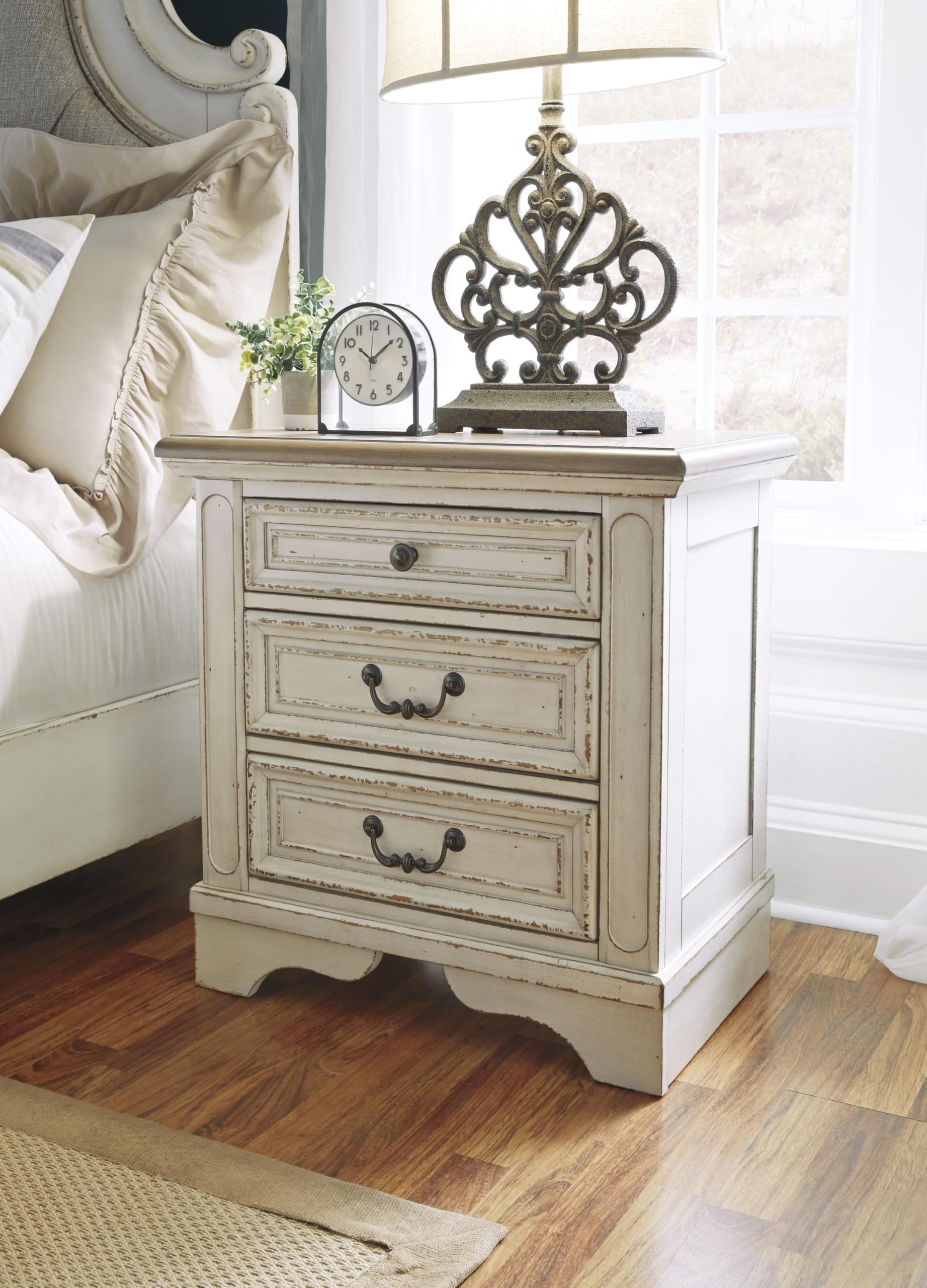 Cottage Nightstand with USB Outlets – 3 Drawer, Chipped White