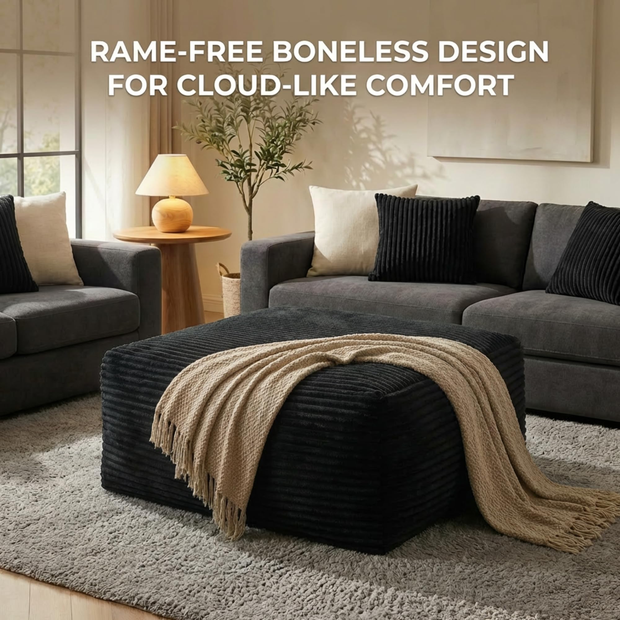 NMXUXMN Oversized Boneless Ottoman for Living Room – Plush Square Corduroy Upholstered Couch Ottoman, Modern Low-Profile Footrest for Sectional & Modular Sofa-Black