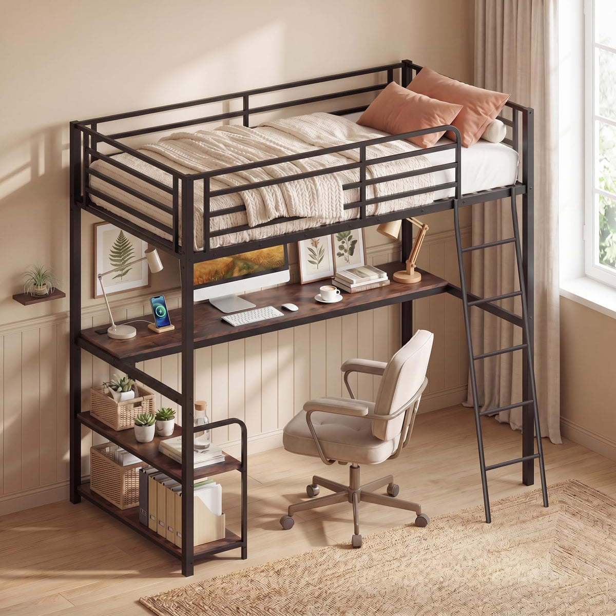 GIANTEX Twin Loft Bed with Desk & Charging Station, Industrial Metal Bed Frame w/Inclined Ladder, Safety Guardrail & Storage Shelves for Kids, Teens, Bedroom, Dorm, Space-Saving, No Box Spring Needed
