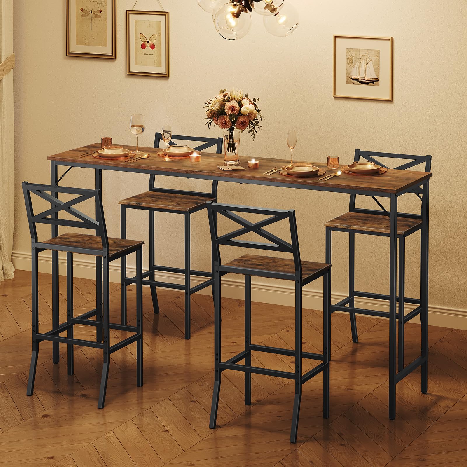 MAHANCRIS Bar Stools, Set of 2 Bar Chairs with Backrest and Footrest, 26" Tall Counter Bar Stools, Kitchen Breakfast Bar Chairs, Easy Assembly, for Dining Room, Rustic Brown BAHR0901N1