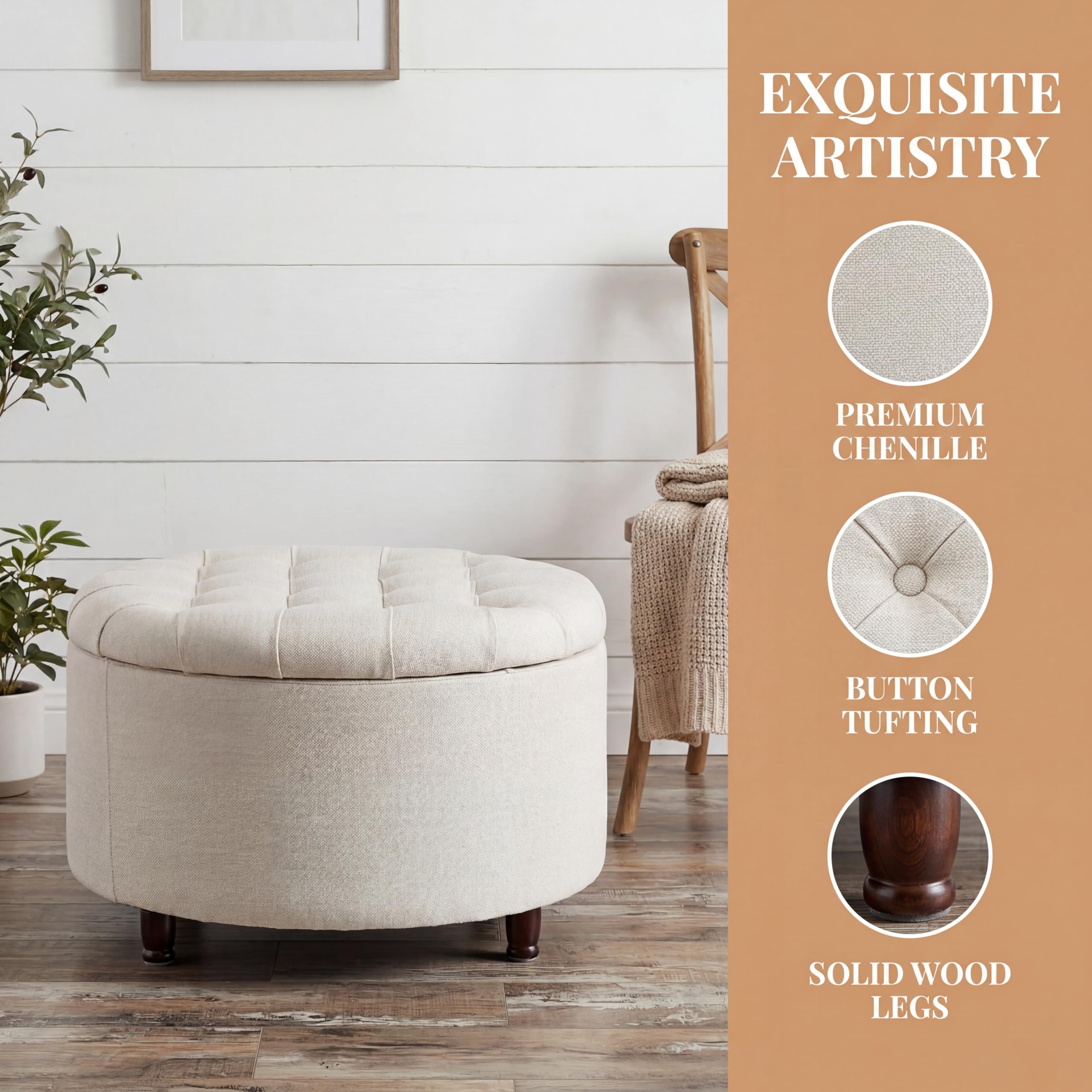 28" Round Storage Ottoman with Wooden Legs – White