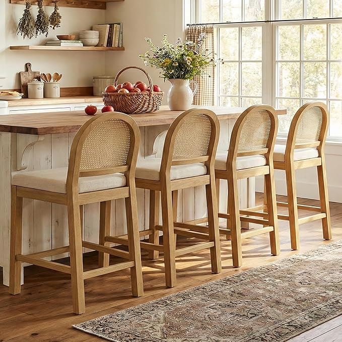 Rattan Bar Stools Set of 4 with Chenille Seat
