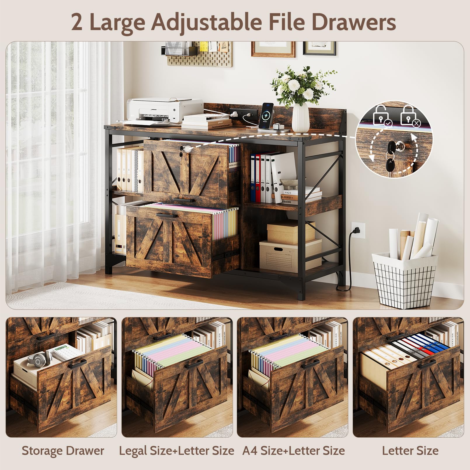 Lateral Filing Cabinet with Lock, Power Outlets & Storage Shelves