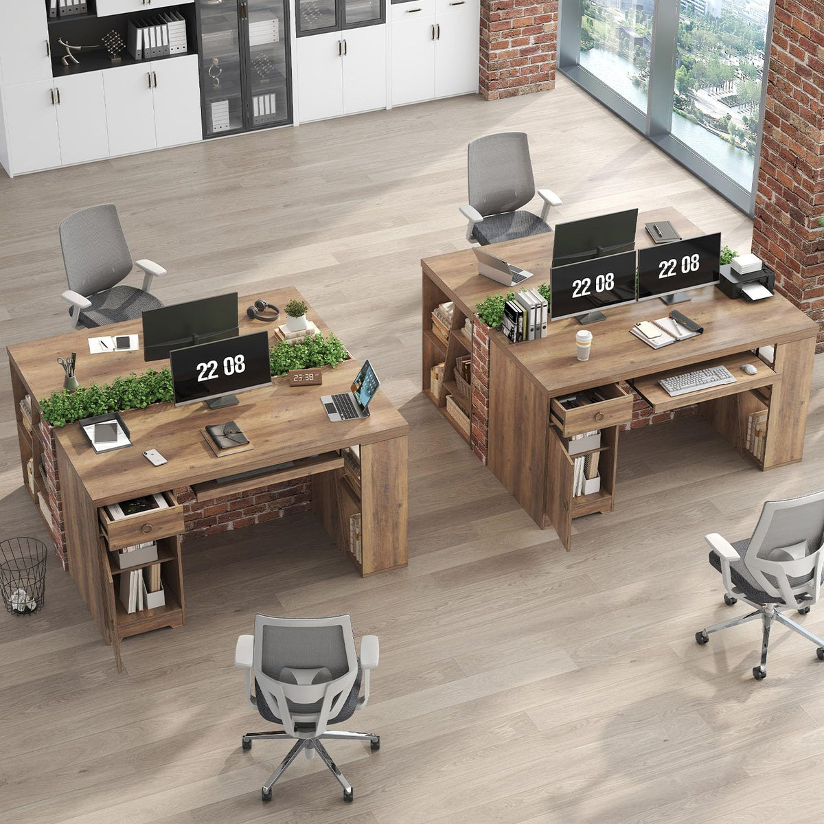 HSH Office Desk with Keyboard Tray, Computer Desk with Storage, 55 Inch