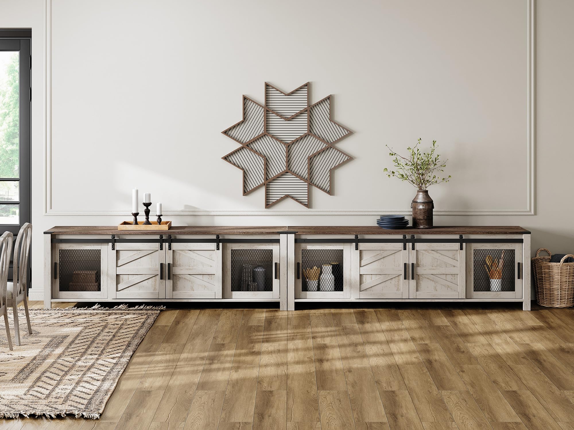 WAMPAT Farmhouse TV Stand for 100 Inch TV with Sliding Barn Door, Set of Two Modern Wood Entertainment Center with Storage Cabinets, Media Console Table for Living Room Bedroom，Rustic Oak and White