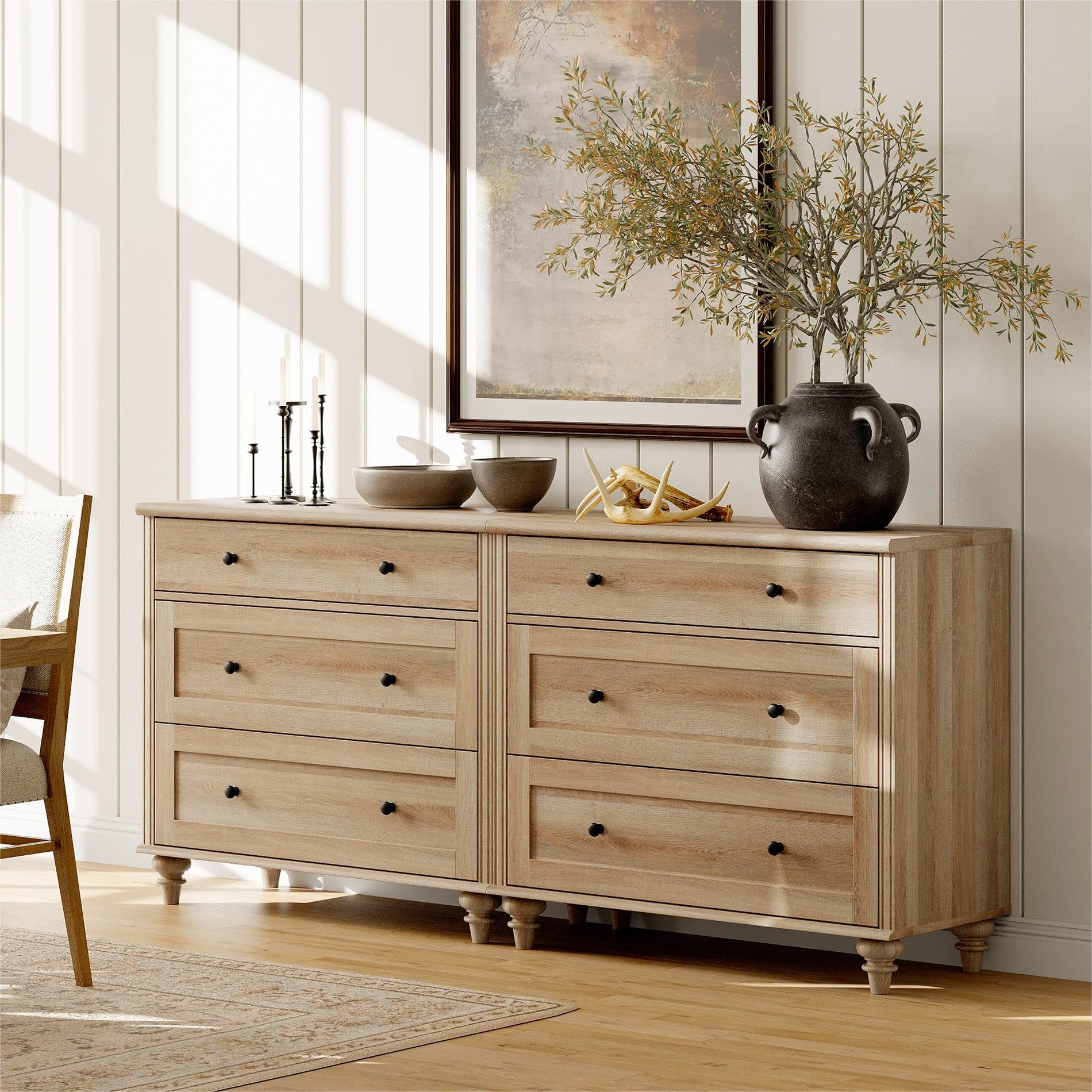 WAMPAT 4 Piece Dresser and Nightstand Sets - Includes Two Farmhouse 3 Drawer Dressers for Bedroom, Set of 2 Side Tables Bedside Table with Charging Station, 4 Piece Bedroom Set, Oak