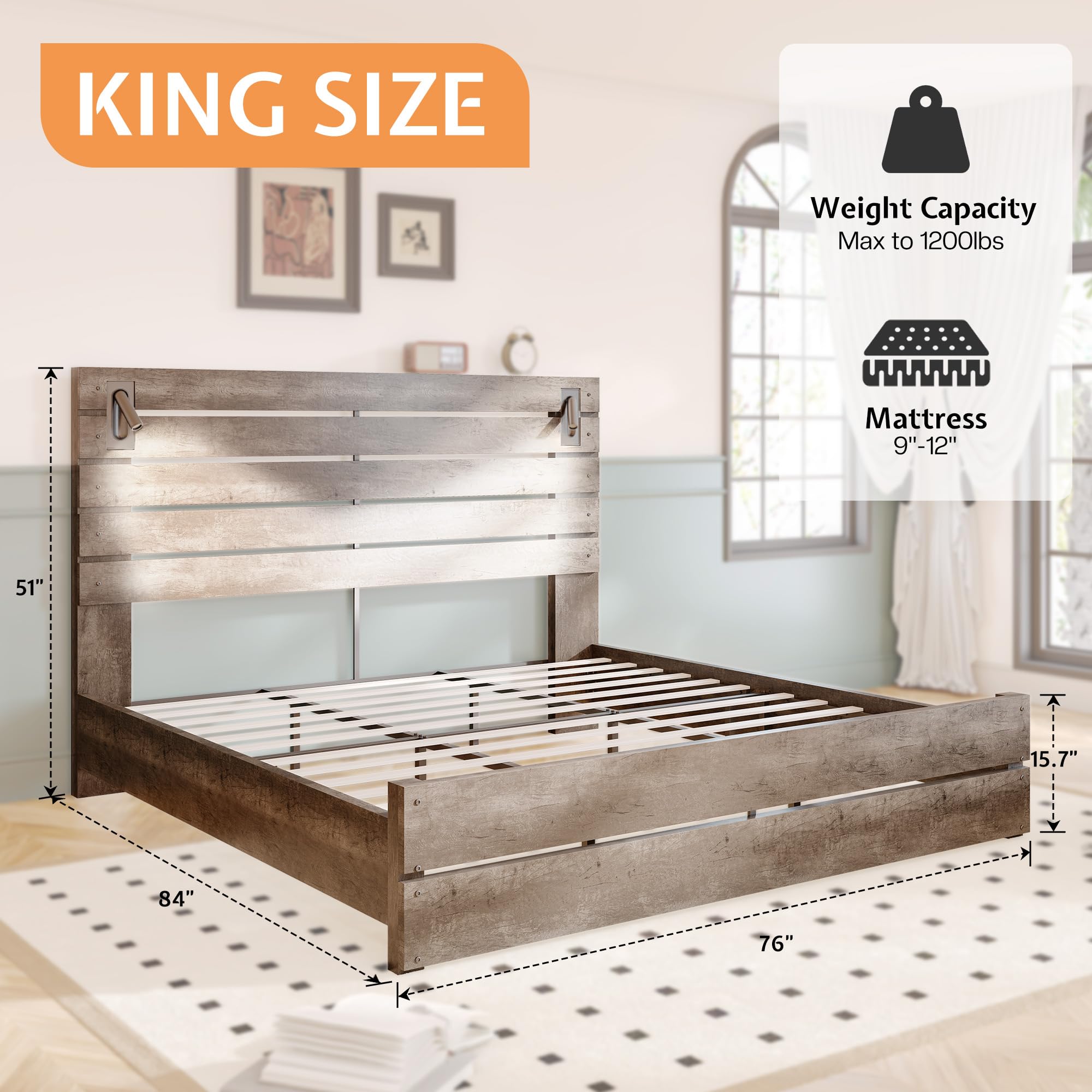 Jocisland King Size Farmhouse Bed Frame with 51" Barn Door Headboard, LED Reading Lights, Platform Bed Frame with Wood Slats, Under Bed Storage Space, Noisy Free, Easy Assembly, Rustic Gray
