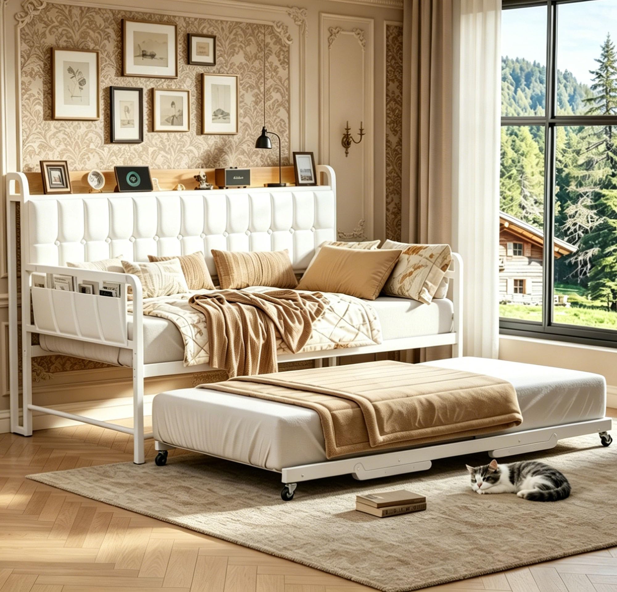 Daybed with Trundle, Metal Twin Bed Frame with Upholstered Storage Headboard, Charging Station & LED, Sofa Day Bed with Pop Up Trundle, Side Pockets, Sturdy Supports for Living Room and Bedroom, White