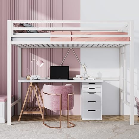 Twin Size Metal Loft Bed with Removable Ladder, Guardrail & Metal Slats