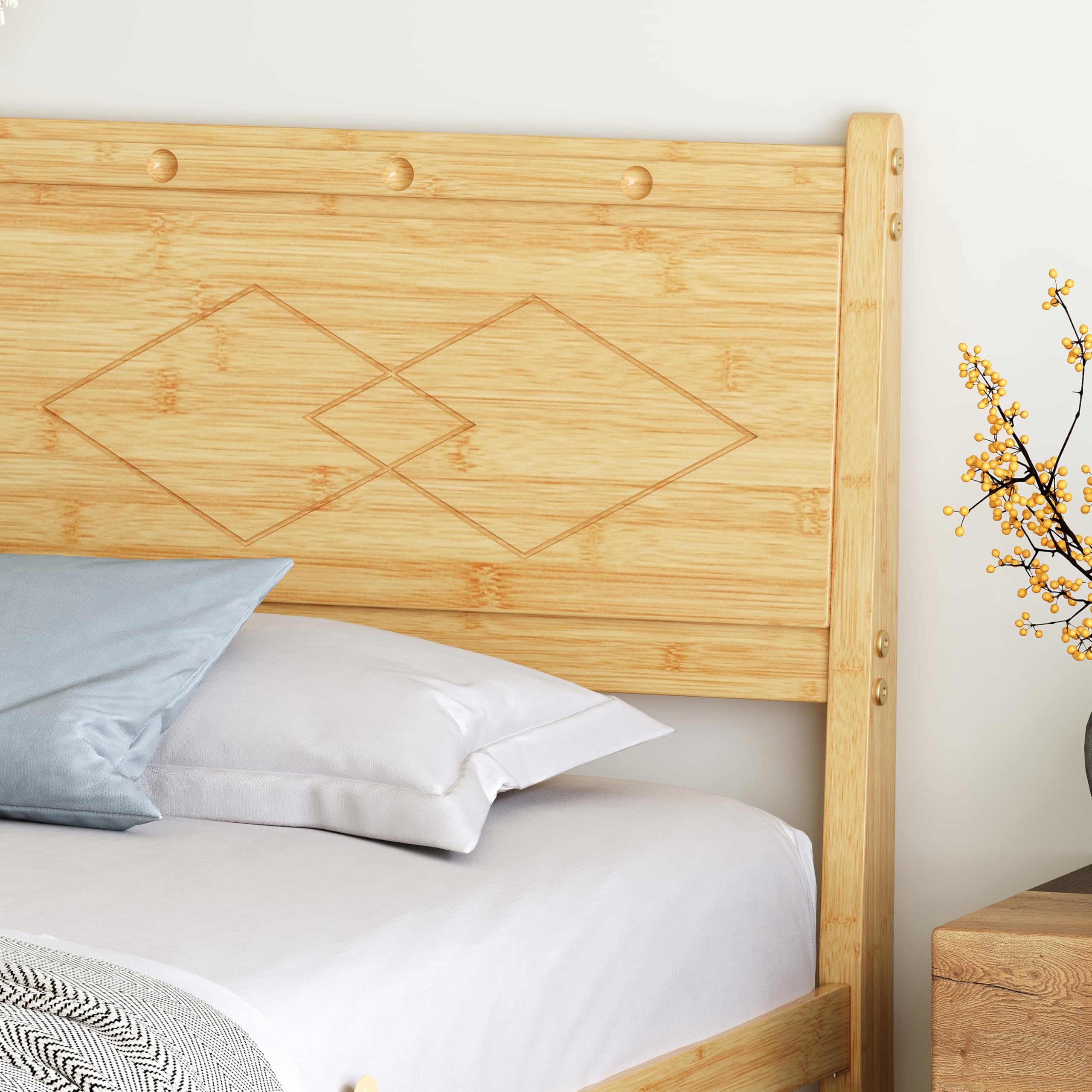 Bamboo & Iron Platform Bed Frame with Headboard | 14-Inch Clearance