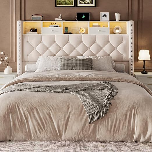 Upholstered Wingback Bed Frame with Storage & LED