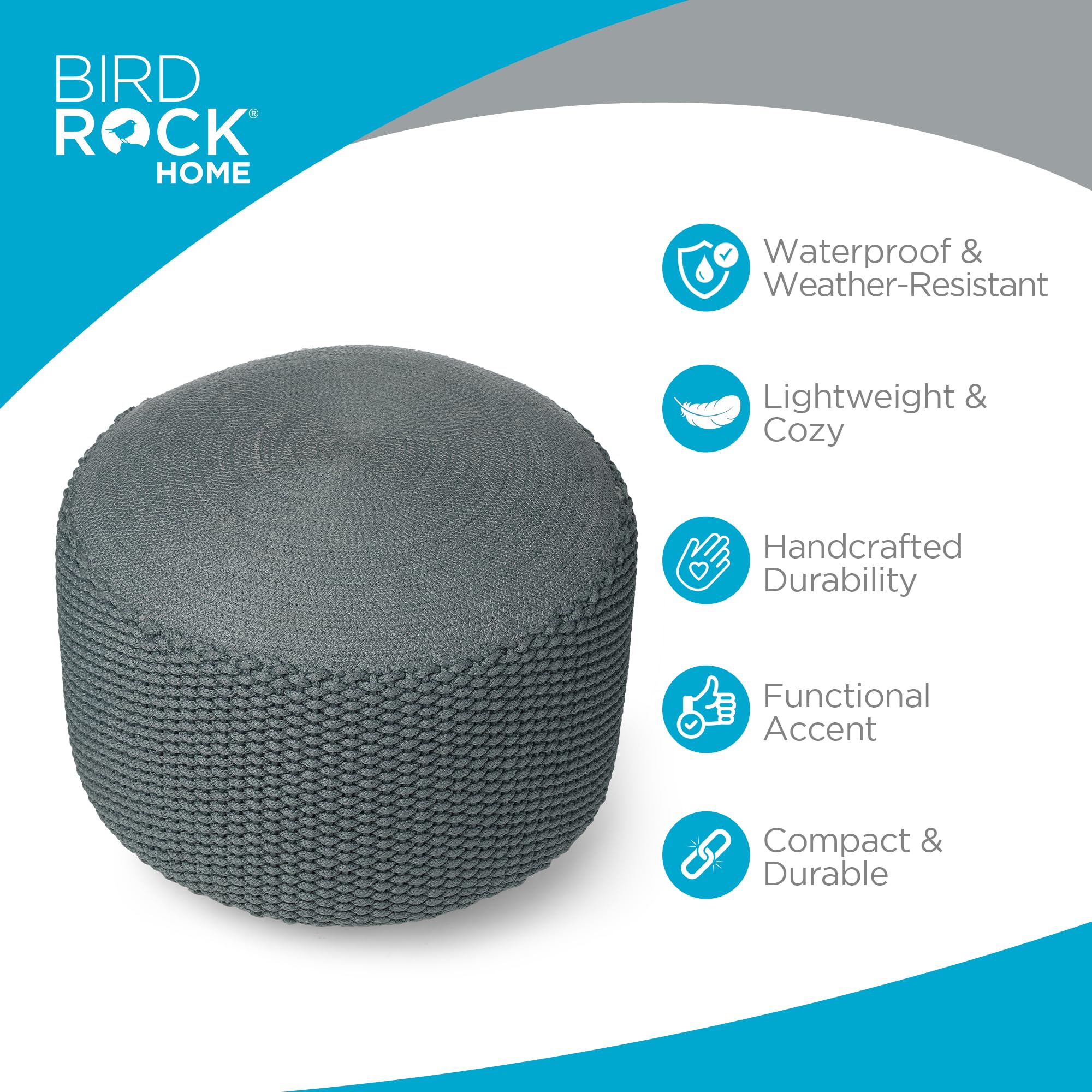 BIRDROCK HOME Outdoor Pouf Ottoman - Mist - Woven Indoor or Backyard Patio Use - Floor Footstool for Living Room- Knit Bean Bag - Oversized Padded Chair - Moroccan Foot Rest