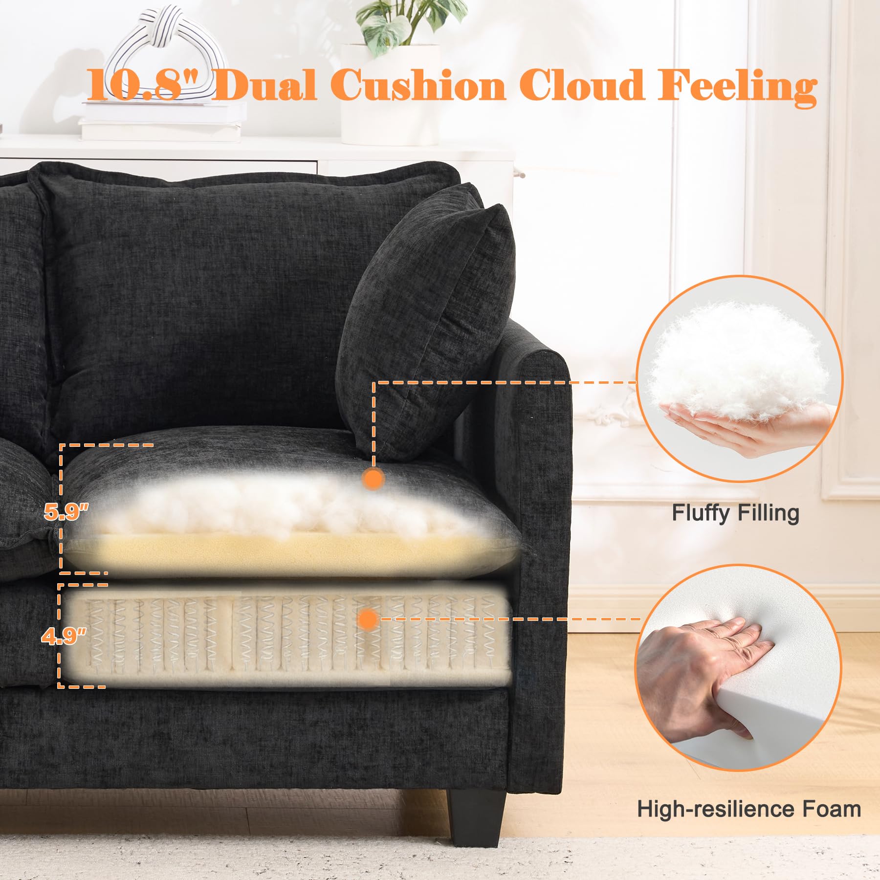MUDANT Loveseat Sofa Cloud Sofa Couch 50'', Modern Loveseats 2 Seat Couch 27" Deep Seat with 2 Pillows for Small Spaces Apartment Studio Office Bedroom Living Room 8834-BLACK