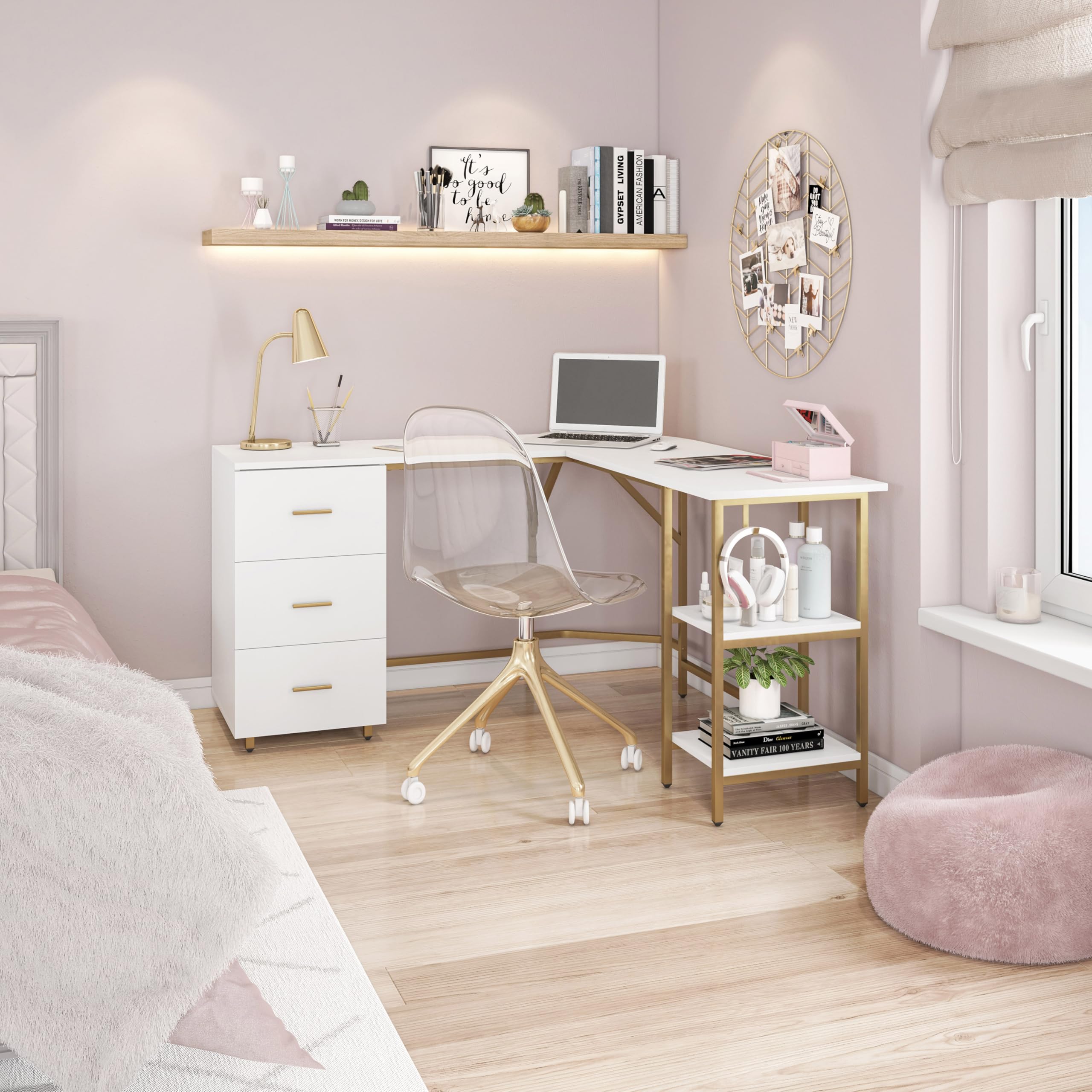 L-Shaped Computer Desk with Drawers & Storage Shelves