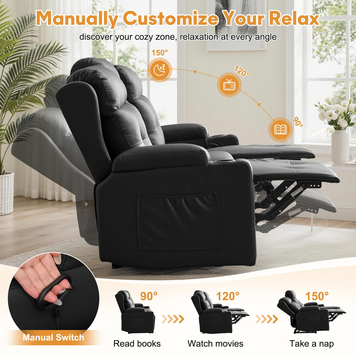 Korser 3-Seater Loveseat Recliner Sofa, Manual Recliner Chair with Flip Back Console, Cup Holder & USB, Home Theater Seating for Family Party, PU Leather, Black