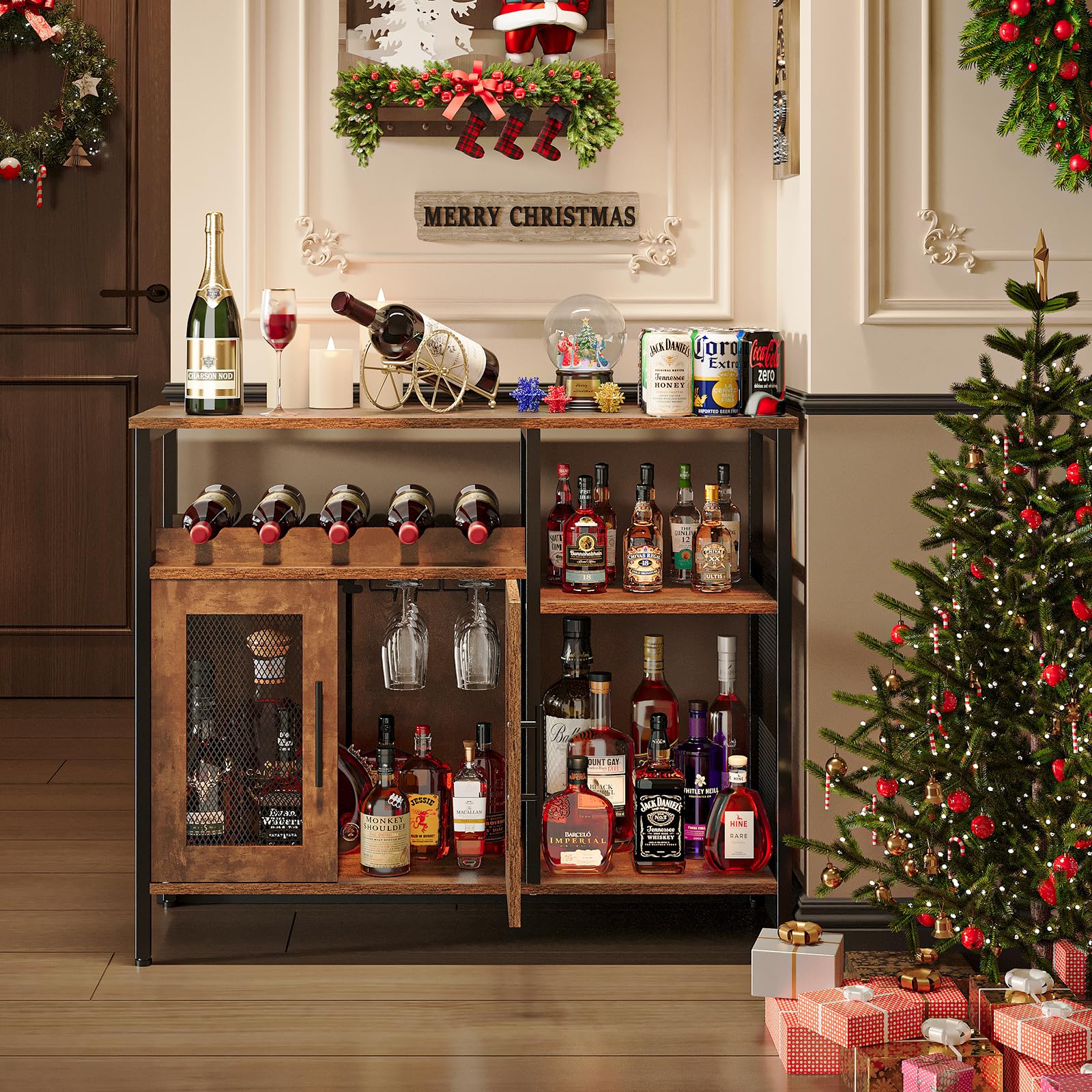 Wine Bar Cabinet with Detachable Wine Rack & Glass Holder