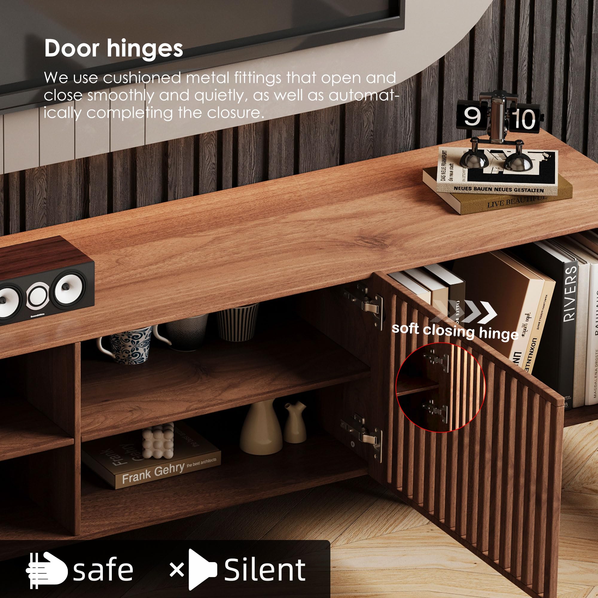 gaoyangjiaju 94.48" Mid-Century Modern TV Stand, Walnut Media Console with 4 Storage Cabinets, Entertainment Center for TVs up to 100 Inches, Ideal for Living Room or Bedroom