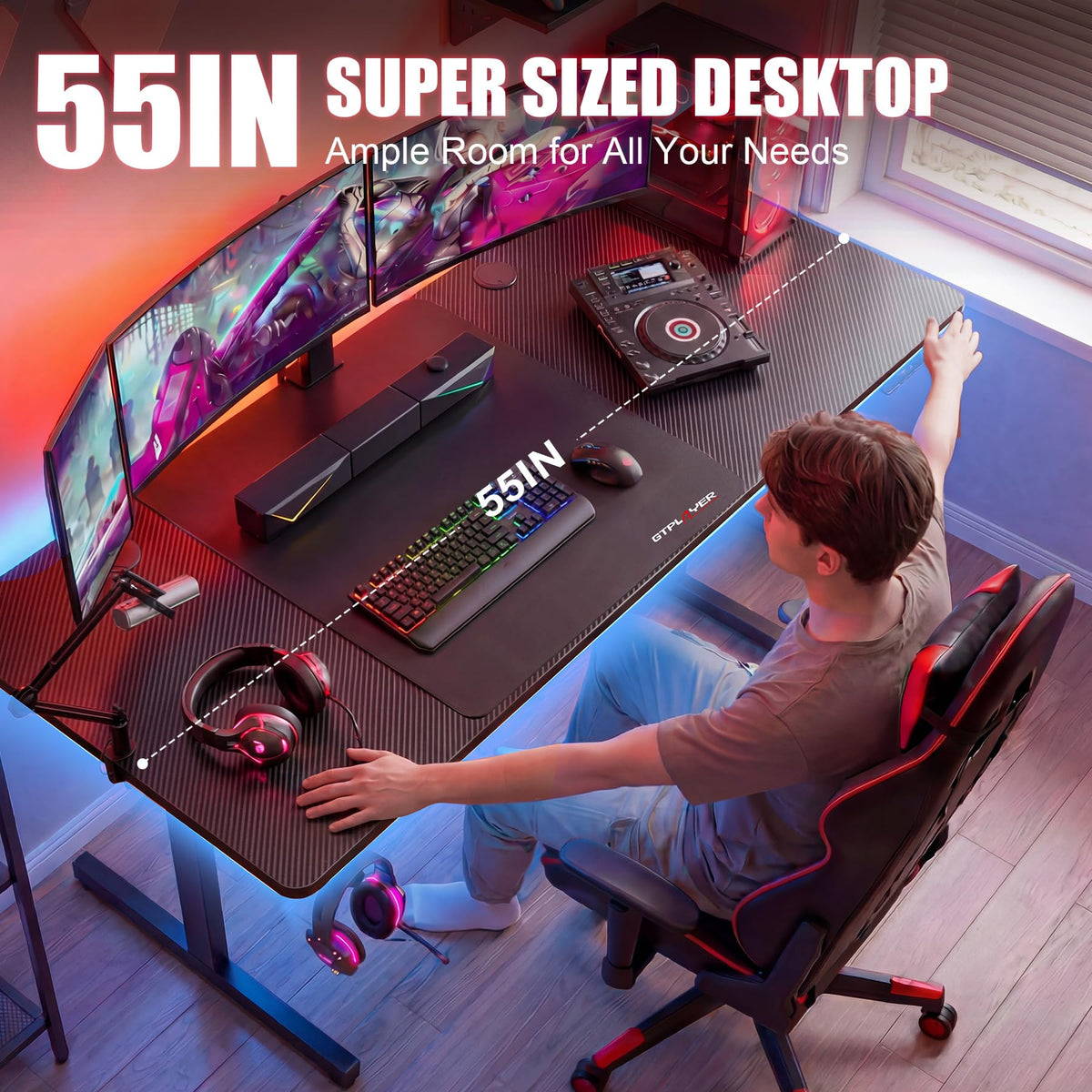 GTPLAYER Gaming Desk 55 Inch with LED Lights, Large Computer Desk with Mouse Pad for Home Office, T-Shaped Carbon Fibre Surface PC Game Workstations with Headphone Hook