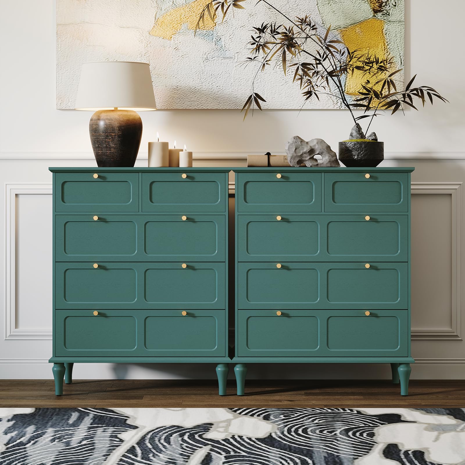 ARTPOWER 5 Drawer Dresser for Bedroom, Tall Dressers & Chests of Drawers with Solid Wood Legs and Brass Handles, Vertical Storage Organizer for Living Rooms, Hallway, Entryways, Offices, Green