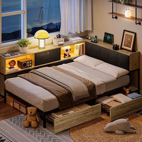 Twin Storage Platform Bed with LED Lights & Charging Station