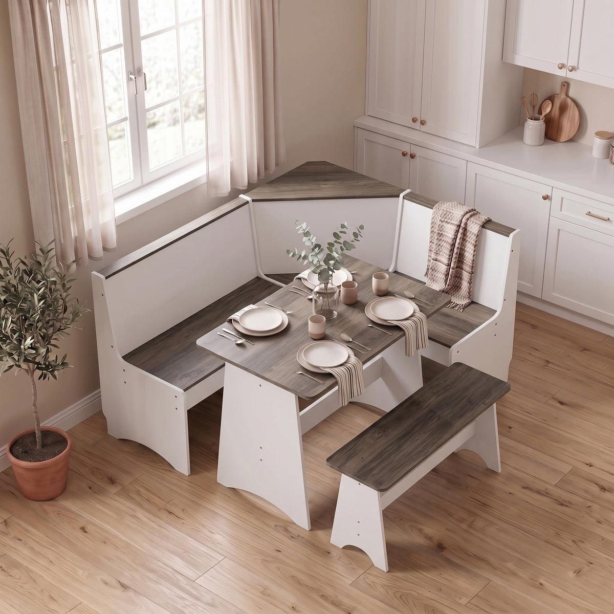 Farmhouse Breakfast Nook Table Set with L-Shaped Bench (White + Gray)