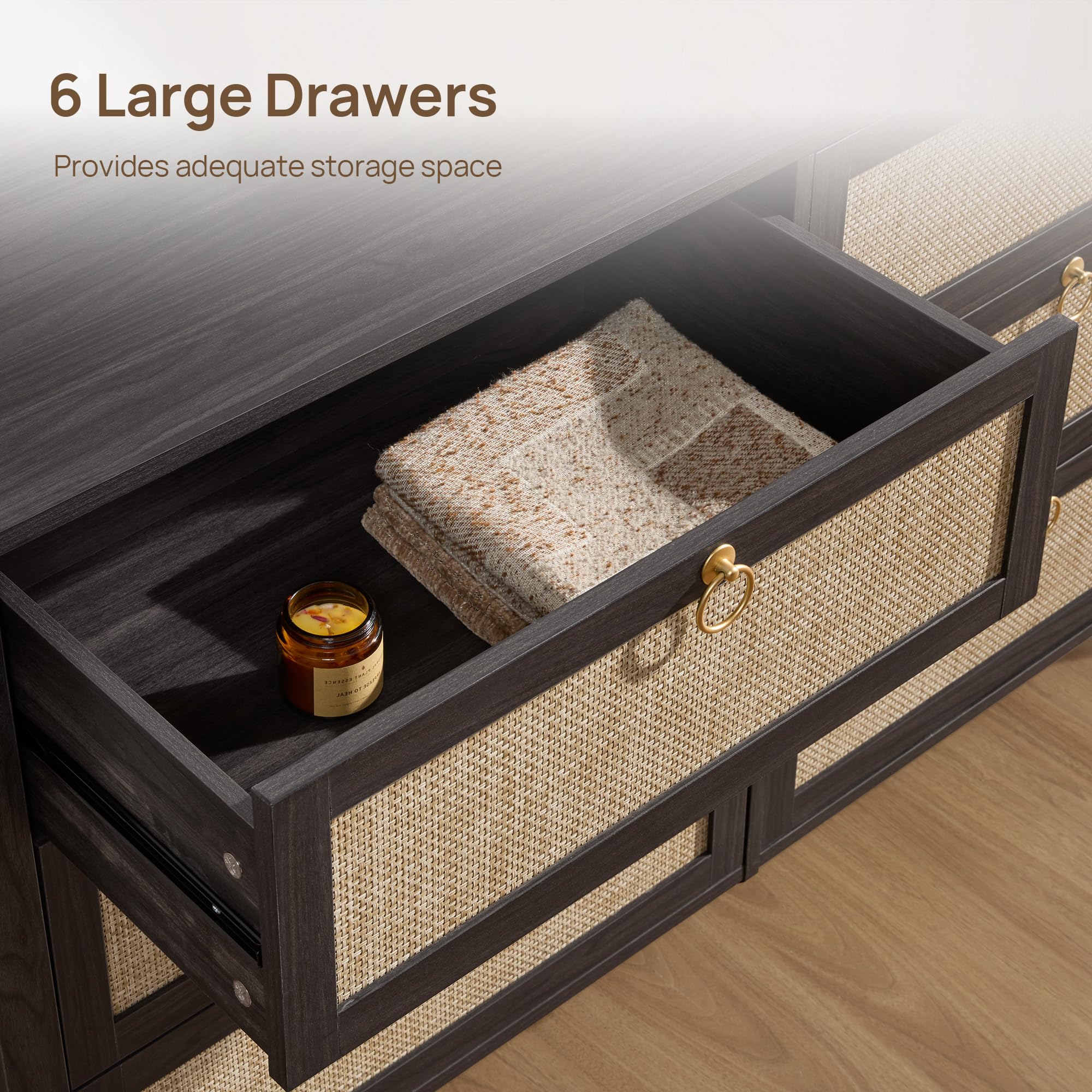 SICOTAS 6 Drawer Dresser for Bedroom - 51" Wide Rattan Dressers Chest of Drawers for Closet, Larger Storage Cabinet Farmhouse Boho Dresser TV Stand for Living Dining Room, Hallway, Black