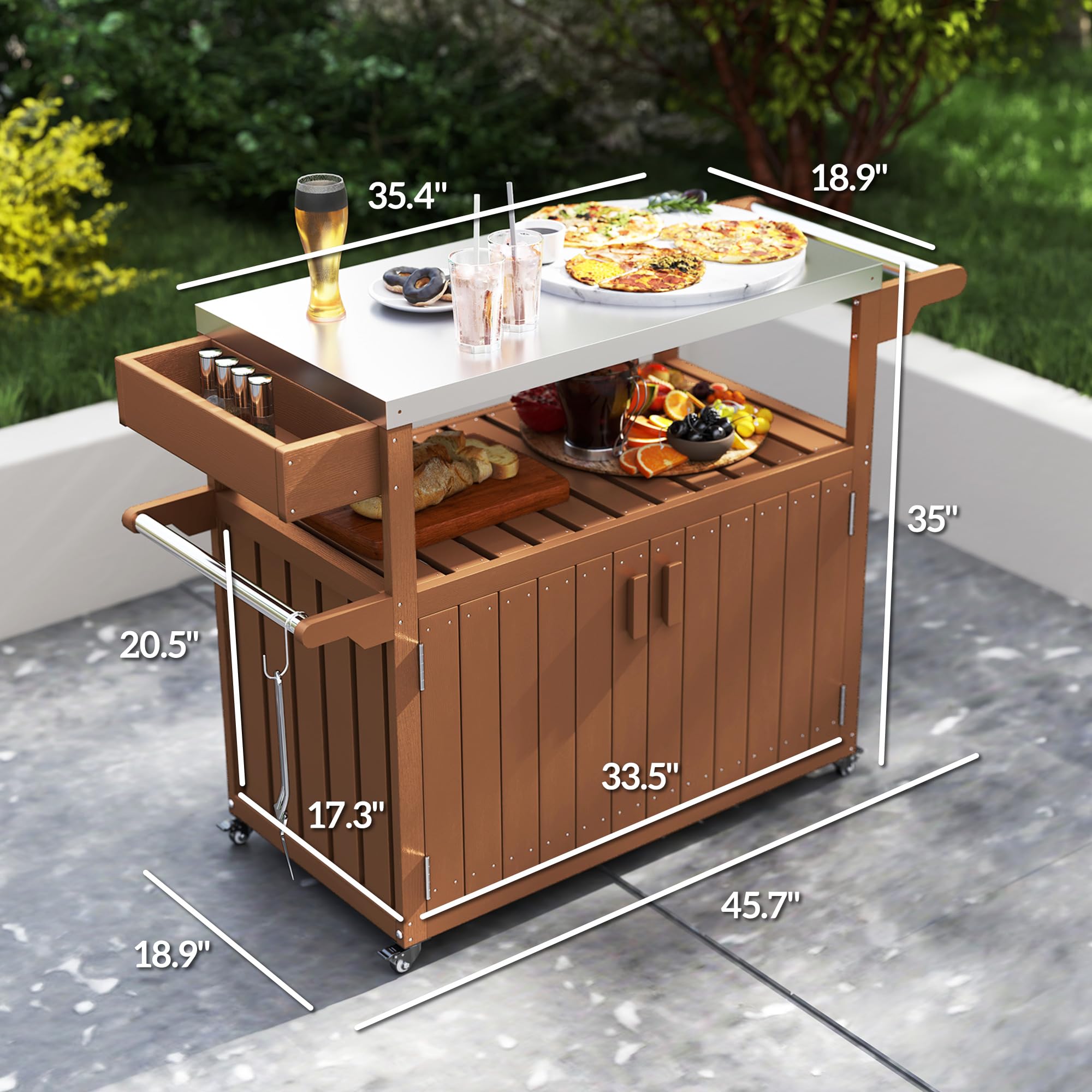 Outsunny Outdoor Bar Cart with Storage Cabinet, Stainless Steel Top Kitchen Island on Wheels, HDPE Outdoor Bar Table, Movable Patio Beverage Food Prep Table for BBQ Picnic, Brown