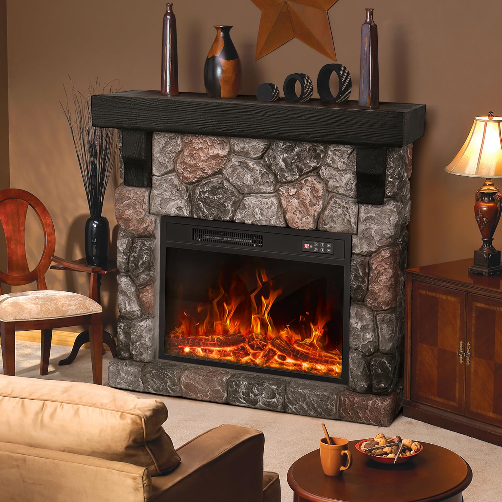 PUKAMI Electric Fireplace with Mantel, Freestanding Stone Fireplace Heater TV Stand with Remote Control, Realistic Flame Effect and 3D Log, 750W/1500W (36 inch)