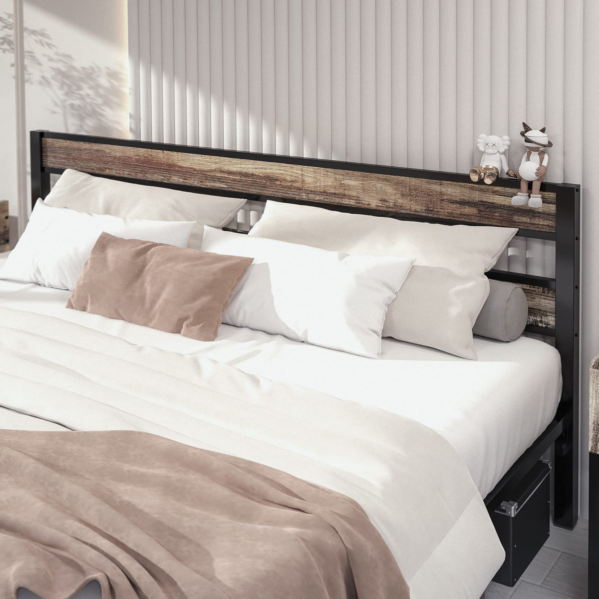 LIKIMIO California King Bed Frame wtih Headboard, Rustic Brown