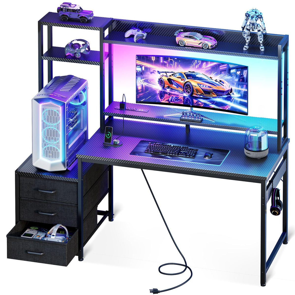 Casaottima 48 Inch Gaming Desk with Shelves & 3 Drawers & LED Light & Hutch