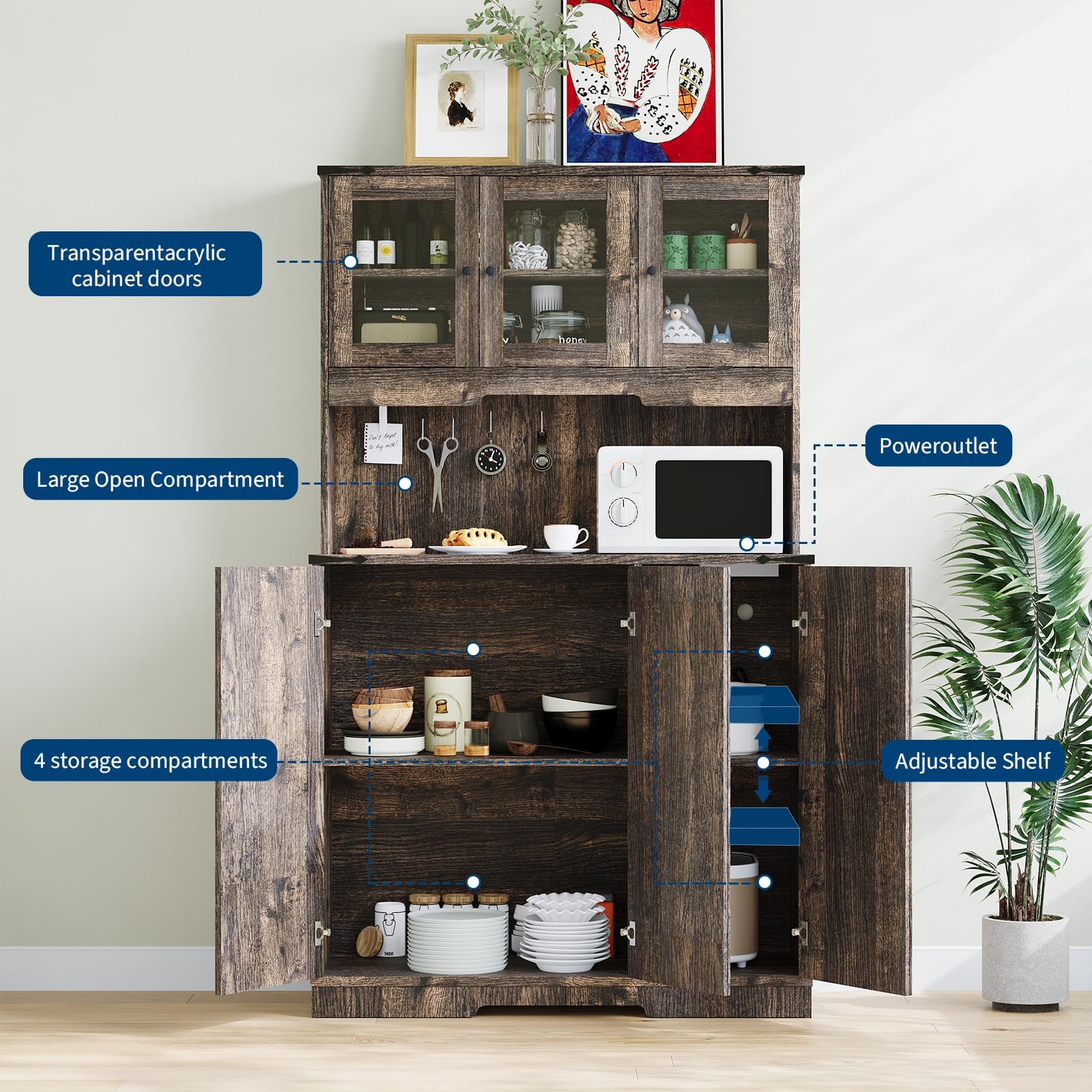 Garvee Rustic Brown Kitchen Pantry Cabinet with Charging Station, Farmhouse Freestanding Kitchen Hutch Cupboard Storage Cabinet with Countertop for Living Room 15.2 in d× 40.35 in w× 70 in h