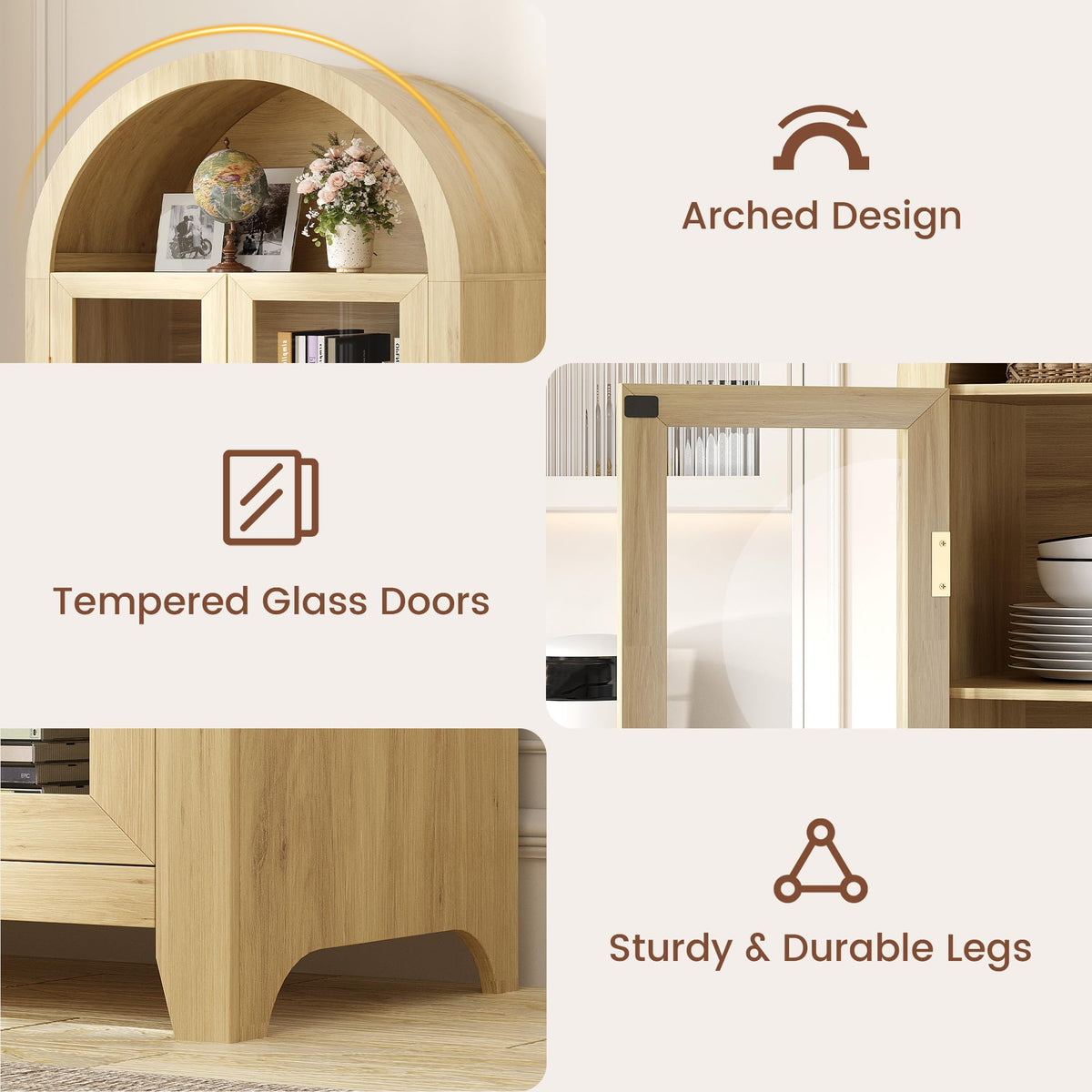 Vlsrka 71" Arched Storage Cabinet with Glass Doors and LED Lights, Wood