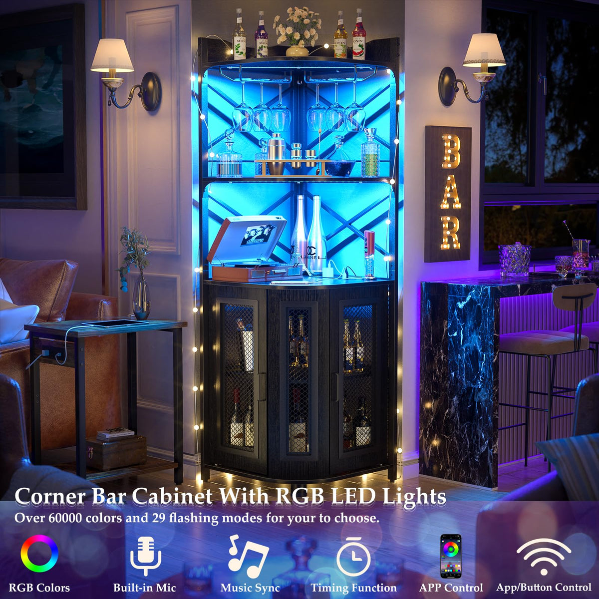 Aheaplus Corner Bar Cabinet with Power Outlet, Industrial Liquor Cabinet