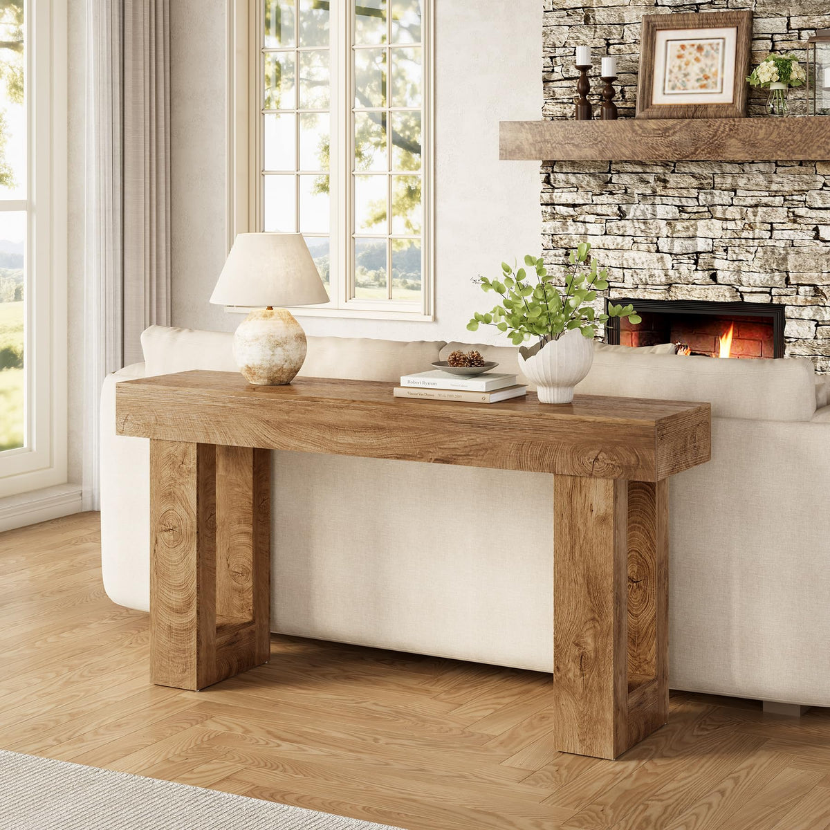 LITTLE TREE 63 Inches Long Console Table for Entryway, Sofa Table Behind Couch, Wooden Entry Table Foyer Hallway Tables, Farmhouse Console Sofa Tables for Living Room, Oak Color