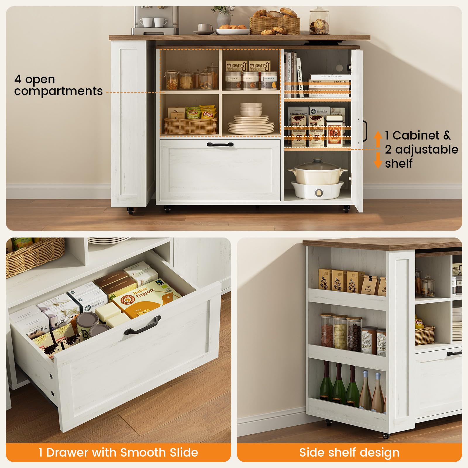 PIXOURA 72" Rolling Kitchen Island Cart with 360° Swivel Tabletop & Power Outlet, Farmhouse Mobile Kitchen Island Storage Cabinet on Wheels with Drawers, Spice Rack for Dining Room,Home Bar,White