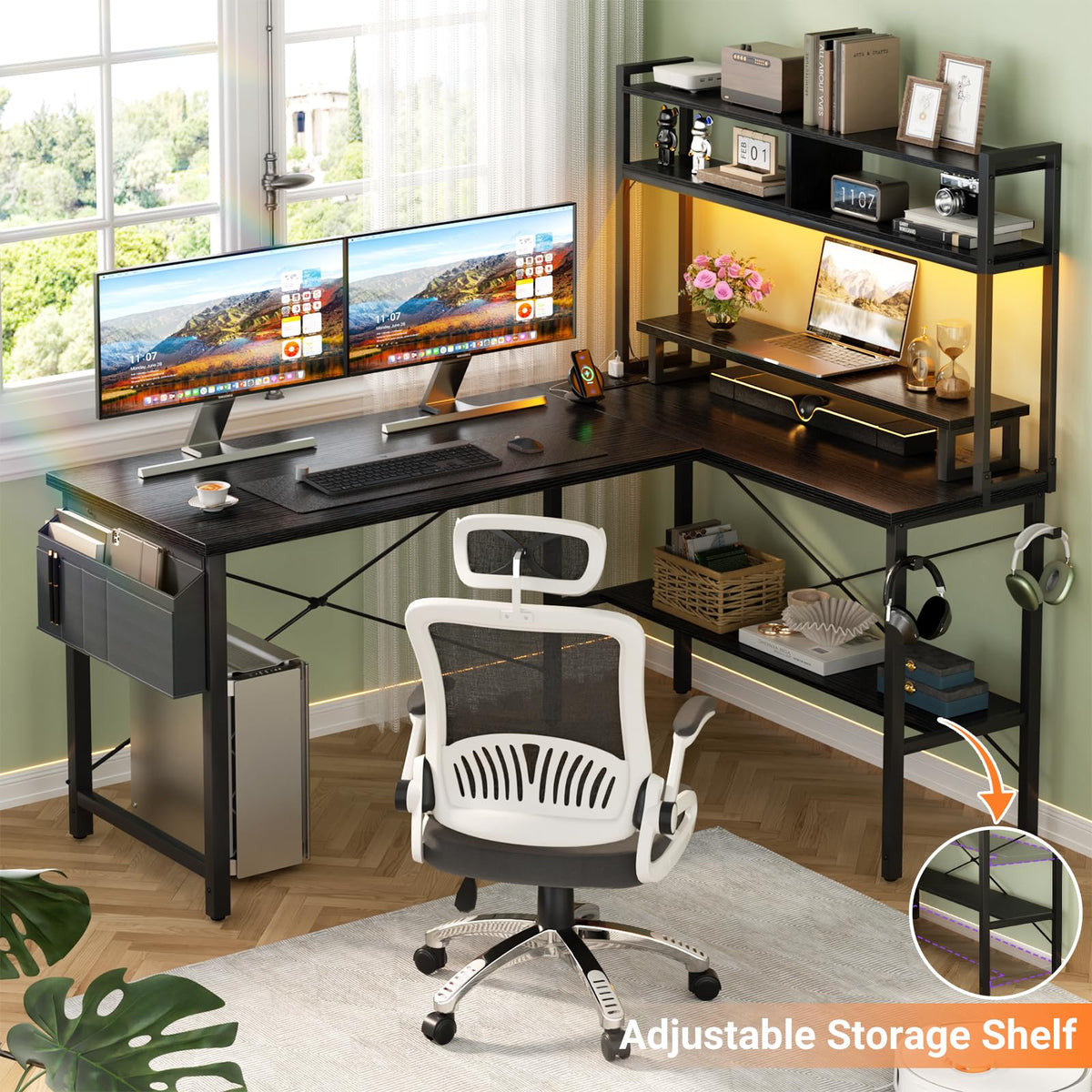 Aheaplus L Shaped Gaming Desk with Power Outlets & LED Lights, Black